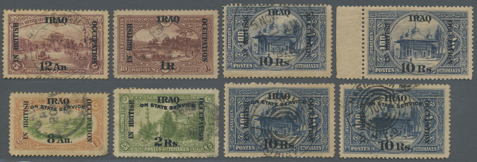 Irak: 1918-20 Group Of Eight Stamps: 1918 Postage Stamps 12a. On 5pi., 1r. On 10pi. And 10r. On 100pi. Used, 10r. On 100 - Iraq
