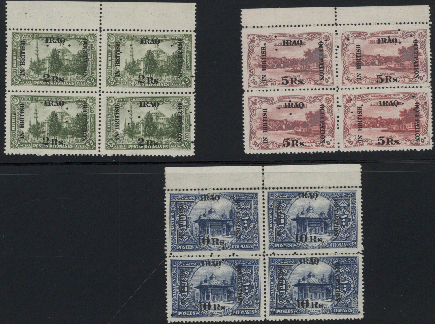 (*) Irak: 1918, "IRAQ IN BRITISH OCCUPATION" Complete Set Of 14 Values In Top Margin Blocks Of Four With Specimen Perfin - Iraq