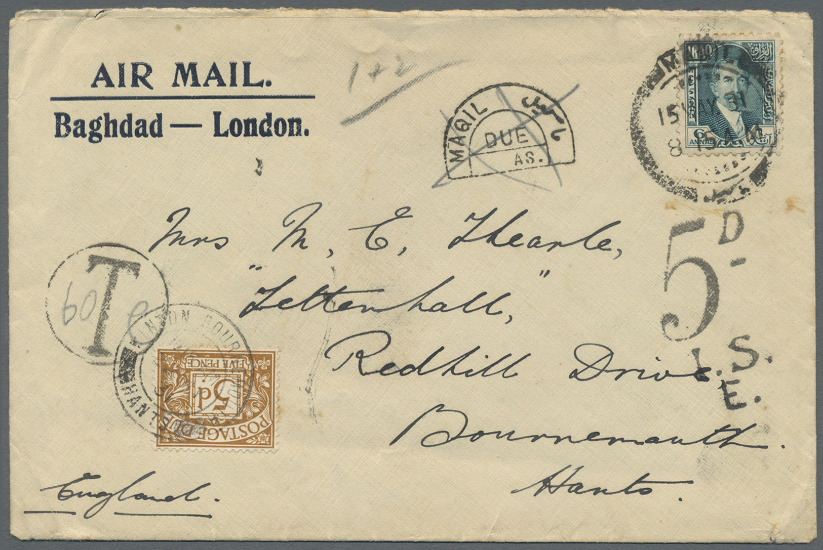 Br Irak: 1931. Air Mail Envelope (Bagdad-London) Addresed To England Bearing Iraq SG 86, 6a Blue/green Tied By Maqil Dou - Iraq