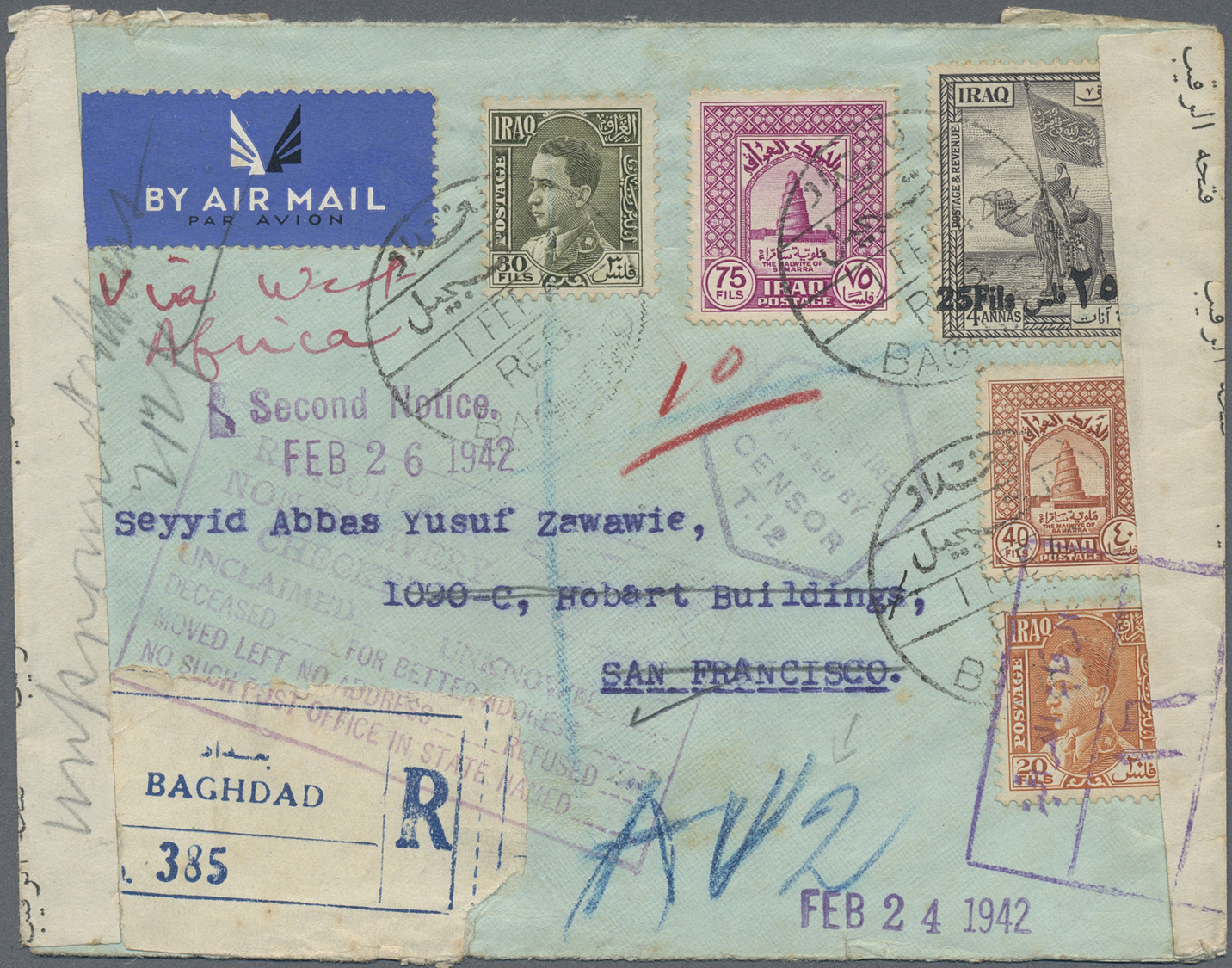 Br Irak: 1942. Registered Air Mail Envelope Addressed To San Francisco Bearing Iraq Yvert 76, 25f On 4a Violet, Yvert 11 - Iraq