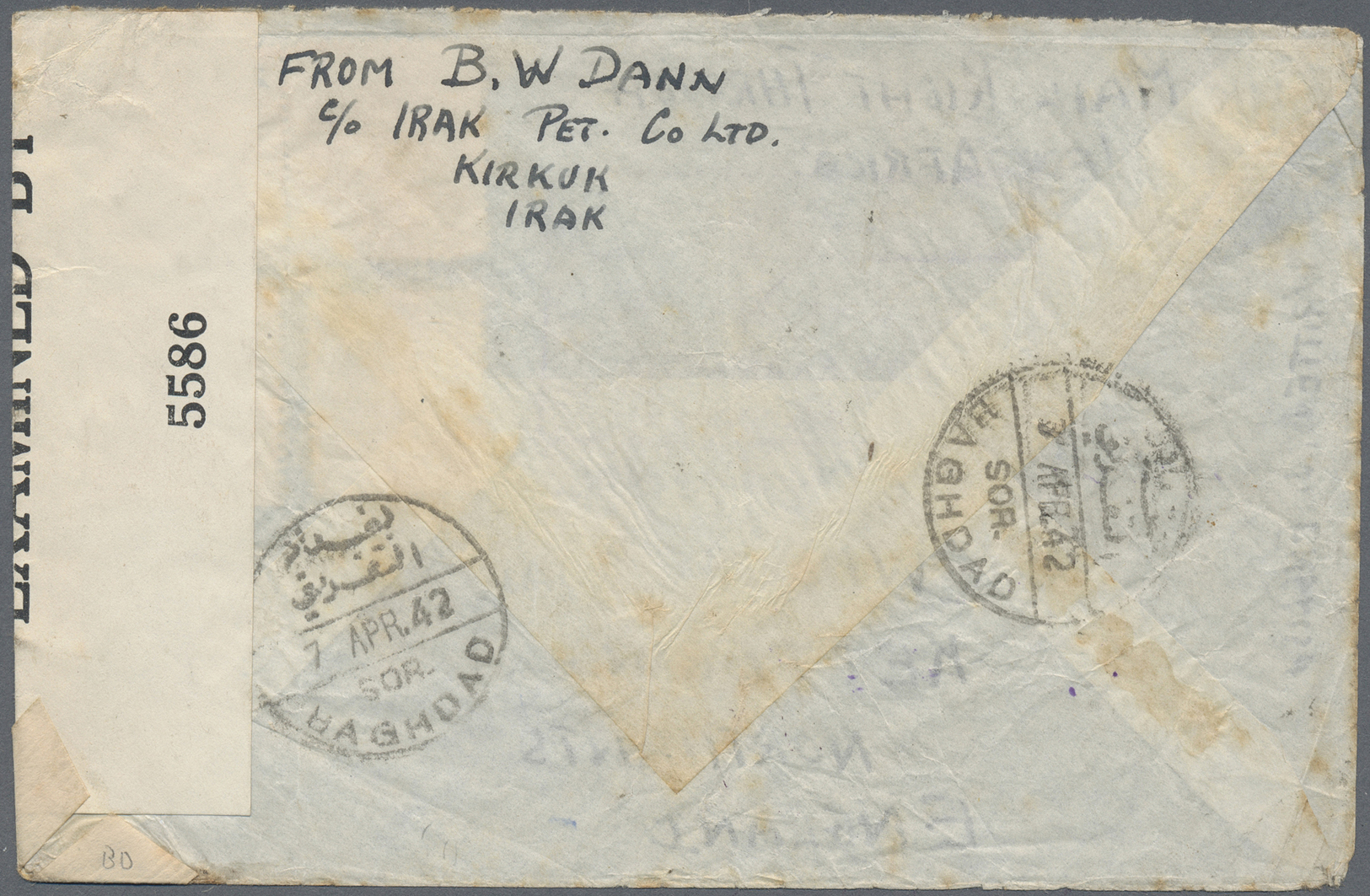 Br Irak: 1942. Air Mail Envelope Addressed To England Bearing 10f Orange And Brown, 50f Blue And 75f Magenta (2) Tied By - Iraq