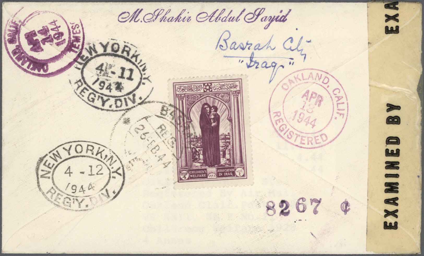 Br Irak: 1944, Two Censored And Registered Air Mail Covers Bearing Different Values Of "CHILDRENS WELFARE ASSOCIATION" O - Iraq