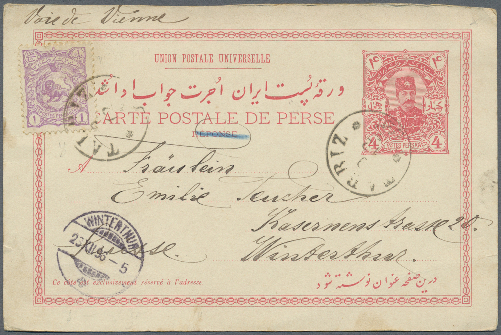 GA Iran: 1896, Postal Stationery Card 4 Chahis Carmine Used Uprated With 1 Ch. Violet Cancelled By Tabriz Cds. To Switze - Iran