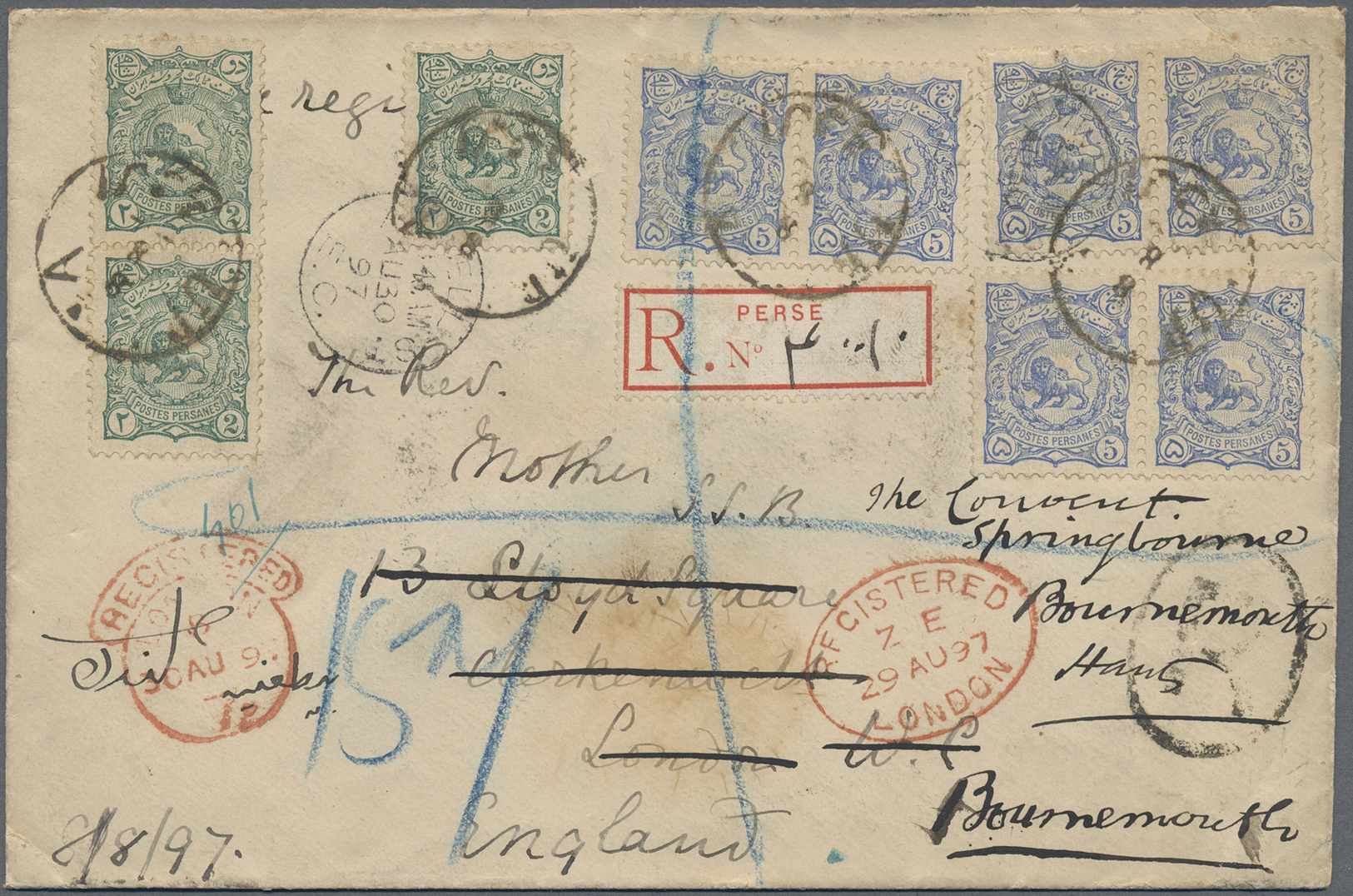 Br Iran: 1897. Registered Envelope Addressed To England Bearing Yvert 75, 2c Green (3) And Yvert 76. 5c Blue (6) Tied By - Iran