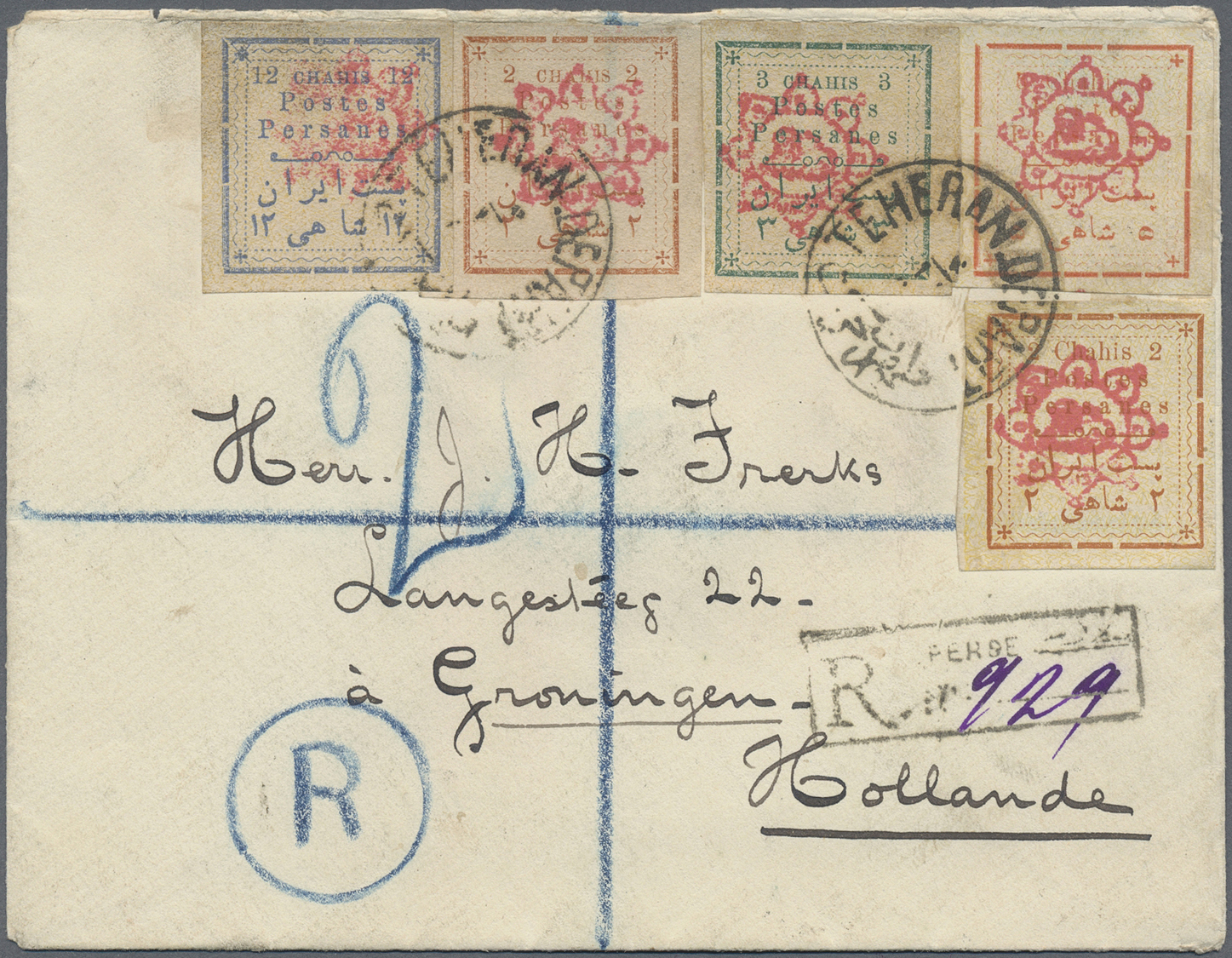 Br Iran: 1902. Registered Envelope Addressed To Holland Bearing Yvert 148, 2c Brown (2), Yvert 149, 3c Blue, Yvert 150, - Iran