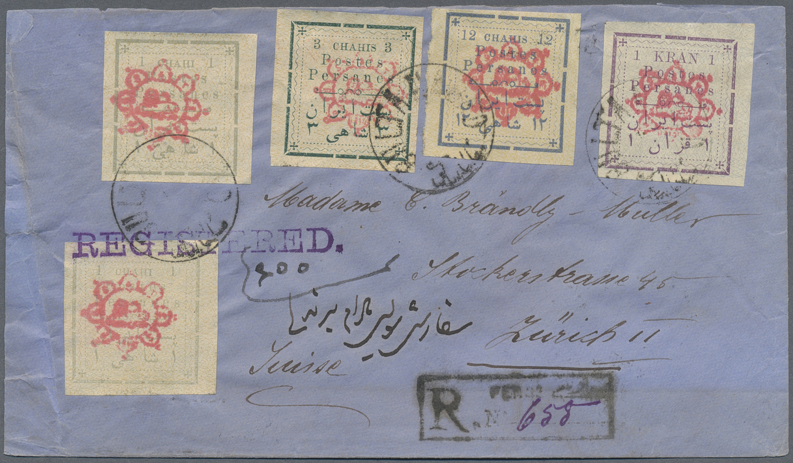 Br Iran: 1902. Registered Envelope Addressed To Switzerland Bearing Yvert 147, 1 Ch Grey (2), Yvert 149, 3 Ch Deep Green - Iran