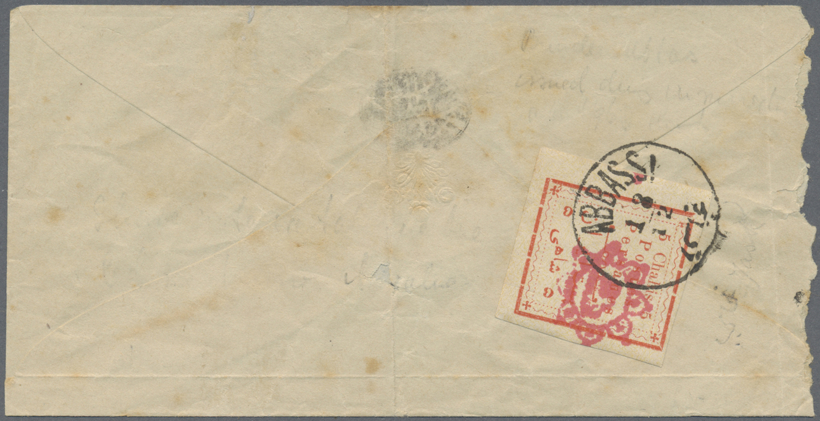 Br Iran: 1902. Local Mail Envelope (faults) Bearing Yvert 150, 5c Scarlet Tied By Abbassi Date Stamp. Very Fine. - Iran
