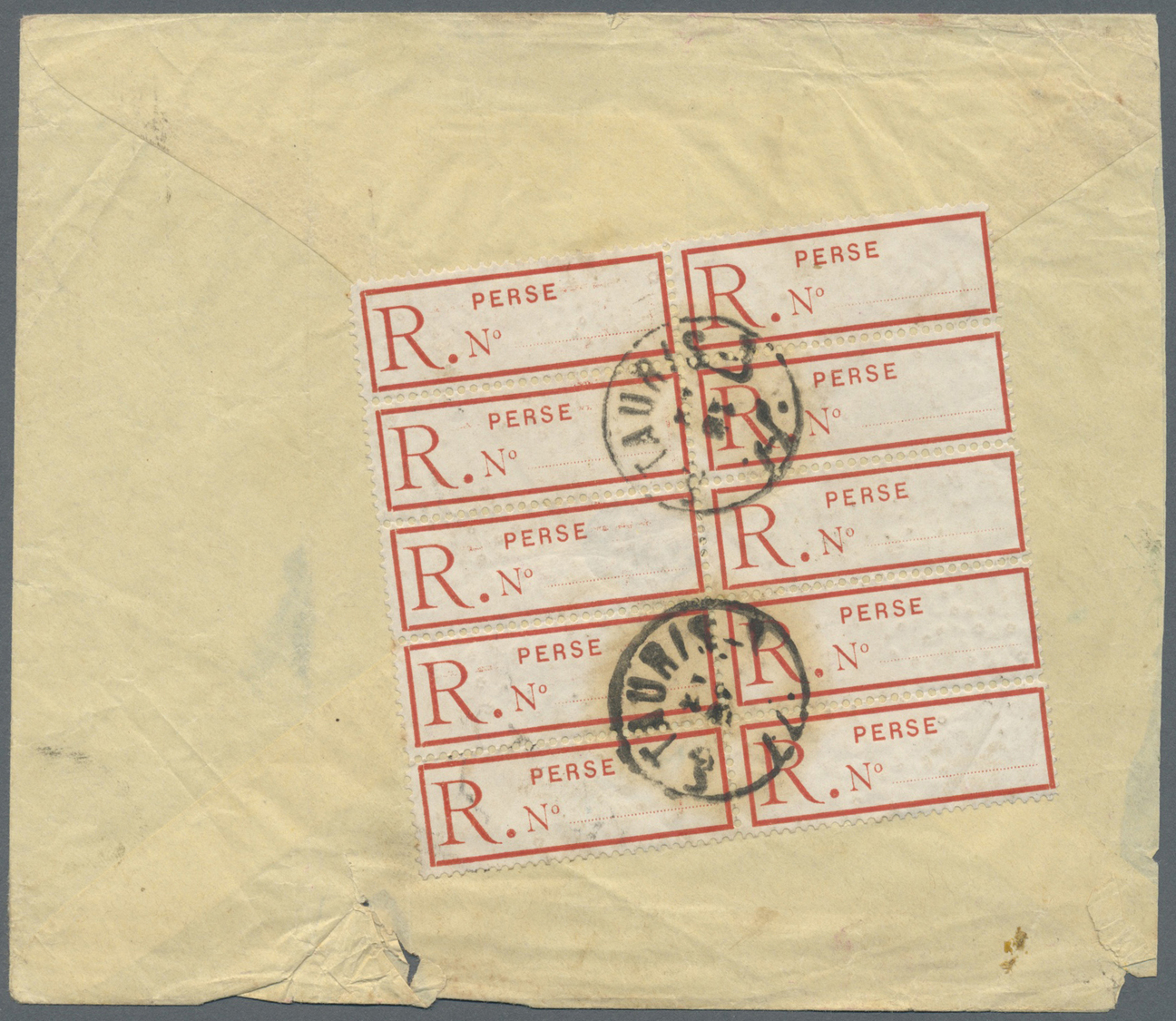 Br Iran: 1905 (ca.). Registered Envelope (some Tears And Other Faults) Addressed To Tehran Bearing On Reverse Persia Reg - Iran