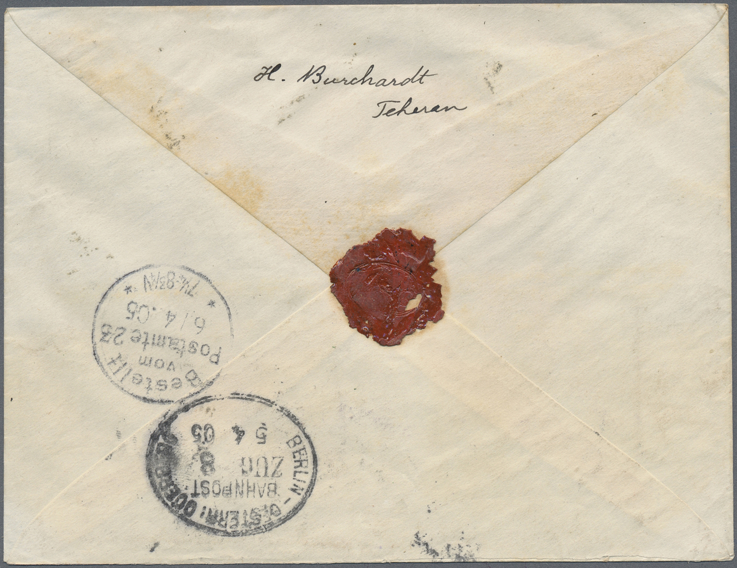 GA Iran: 1905. Registered Postal Stationery Envelope 6c Ultramarine Upgraded With Yvert 233, 1c On 1k Violet (pair) Tied - Iran