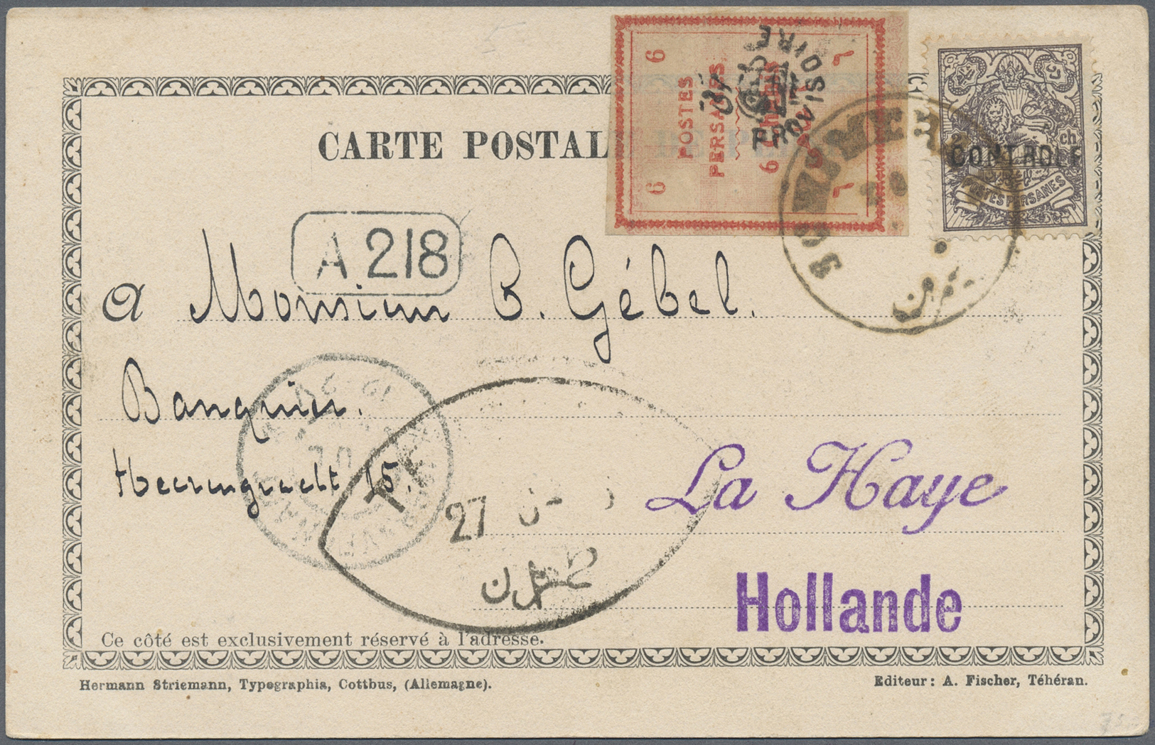 Br Iran: 1906. Picture Post Card Of 'Caravan Train' Addressed To Holland Bearing 'Controle' Yvert 223, 2c Grey And Yvert - Iran