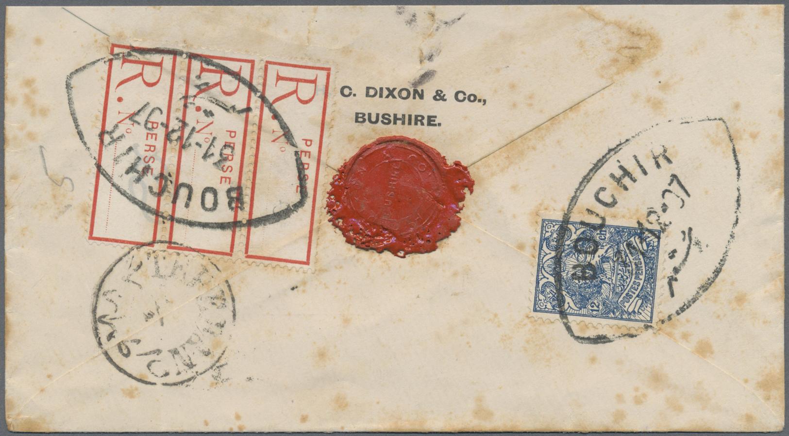 Br Iran: 1907. Registered Envelope (faults/stains) Addressed To Teheran Bearing Yvert 204, 12c Blue And Yvert 221a, 1c R - Iran