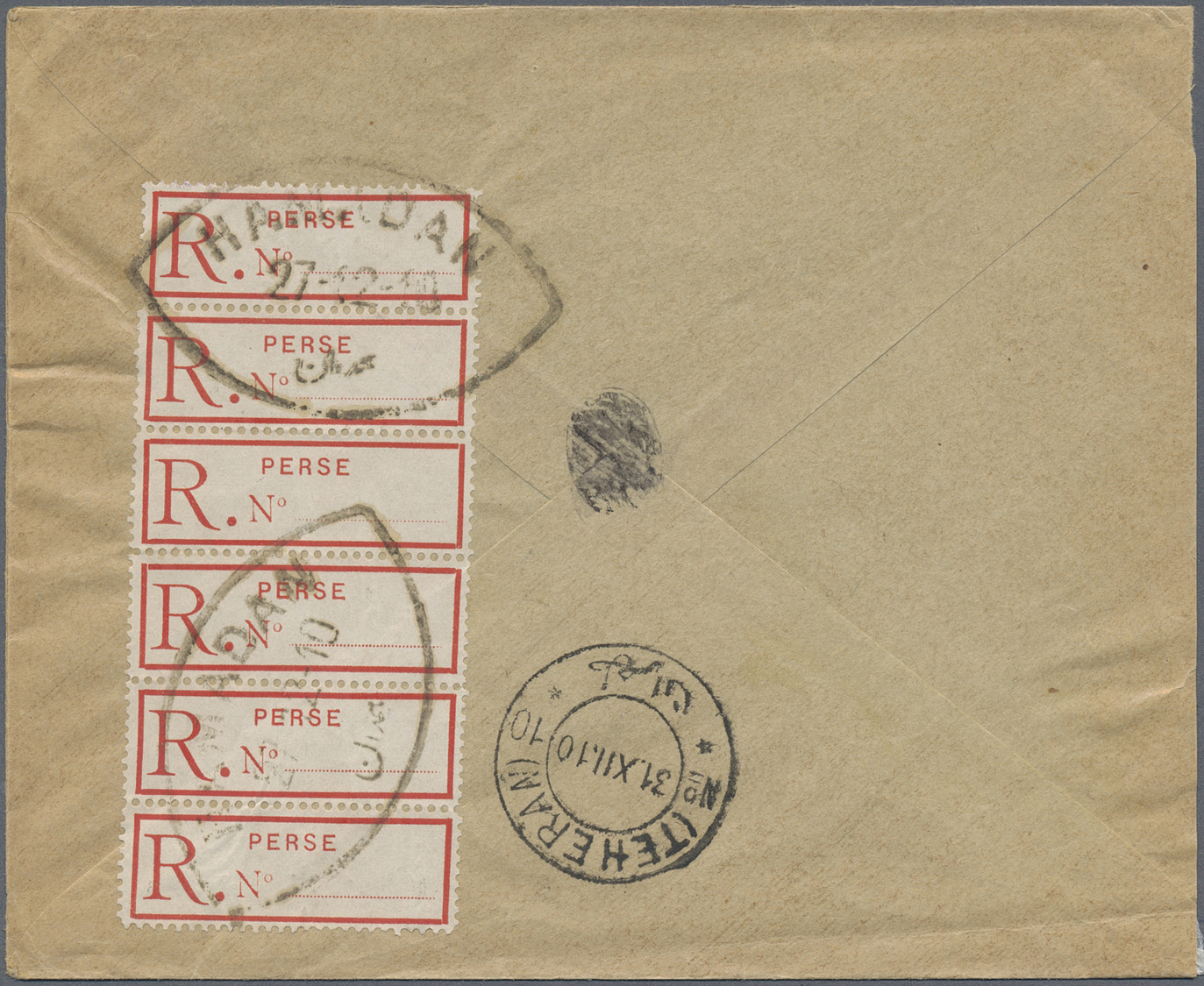 Br Iran: 1910. Registered Envelope (small Faults) Addressed To Teheran Bearing Yvert 221a, 1c Registered Label (strip Of - Iran