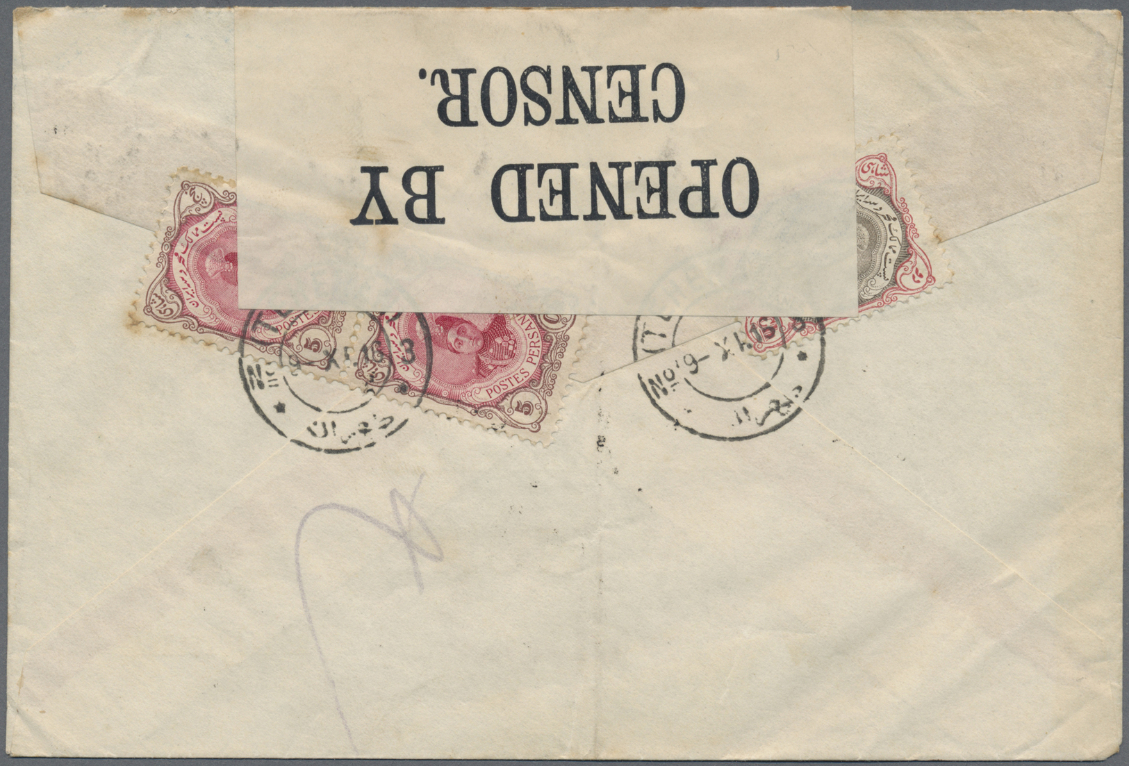 Br Iran: 1916. Censored Envelope Addressed To England Bearing Yvert 305, 5c Brown And Carmine (3) Tied By Teheran No 3 D - Iran