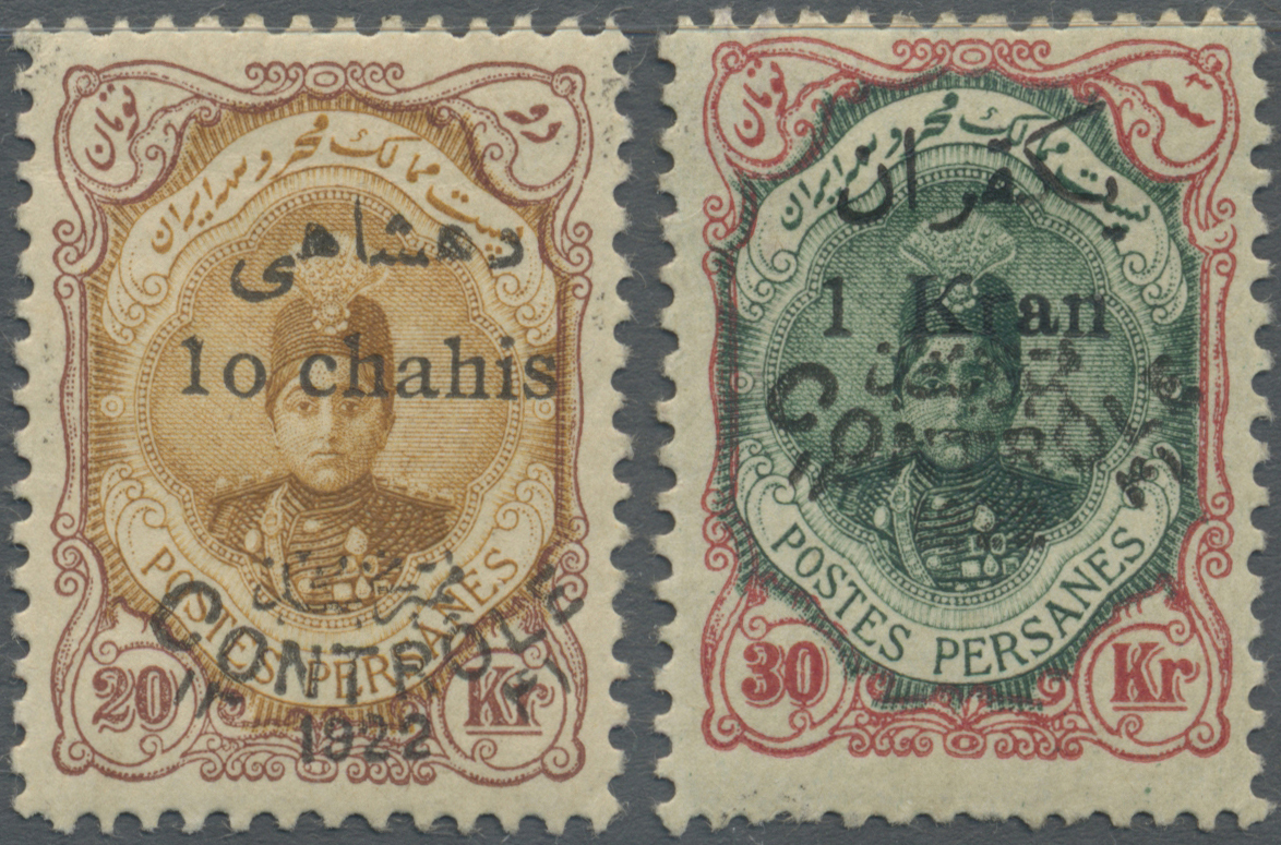 * Iran: 1923, 10 Ch. On 20 K. And 1 Kr. On 30 K. With Controle 1922 Overprints, Mint Hinged, Fine Pair, Scott Catalogue - Iran