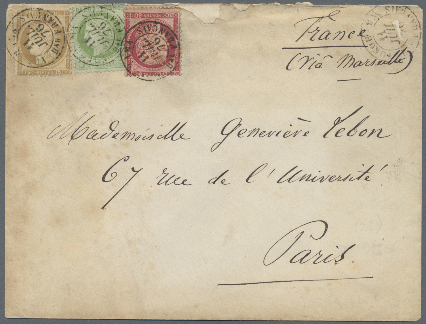 Br Japan: 1876. Envelope (raughly Opened And Backflap Partly Missing, Traces Of Ageing) Addressed To France Bearing Fran - Other & Unclassified