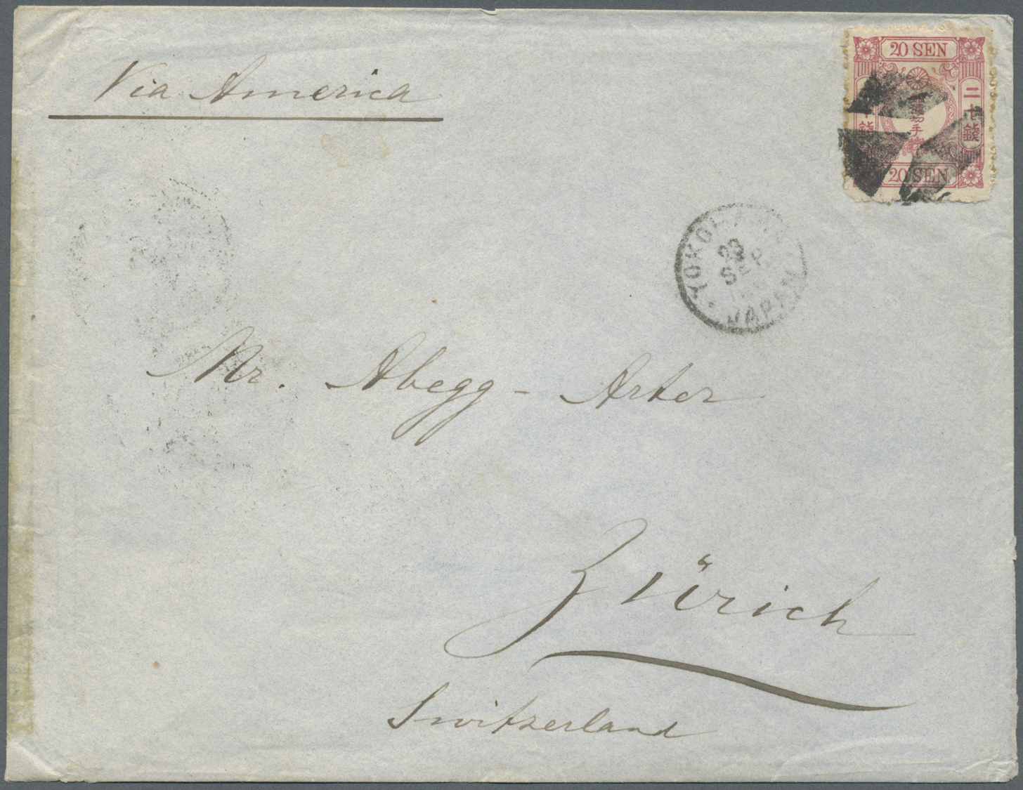 Br Japan: 1883. Envelope Addressed To Switzerland Bearing 'Cherry Blossom' SG 71, 20s Red (toned, Perforation Faults) Ti - Other & Unclassified