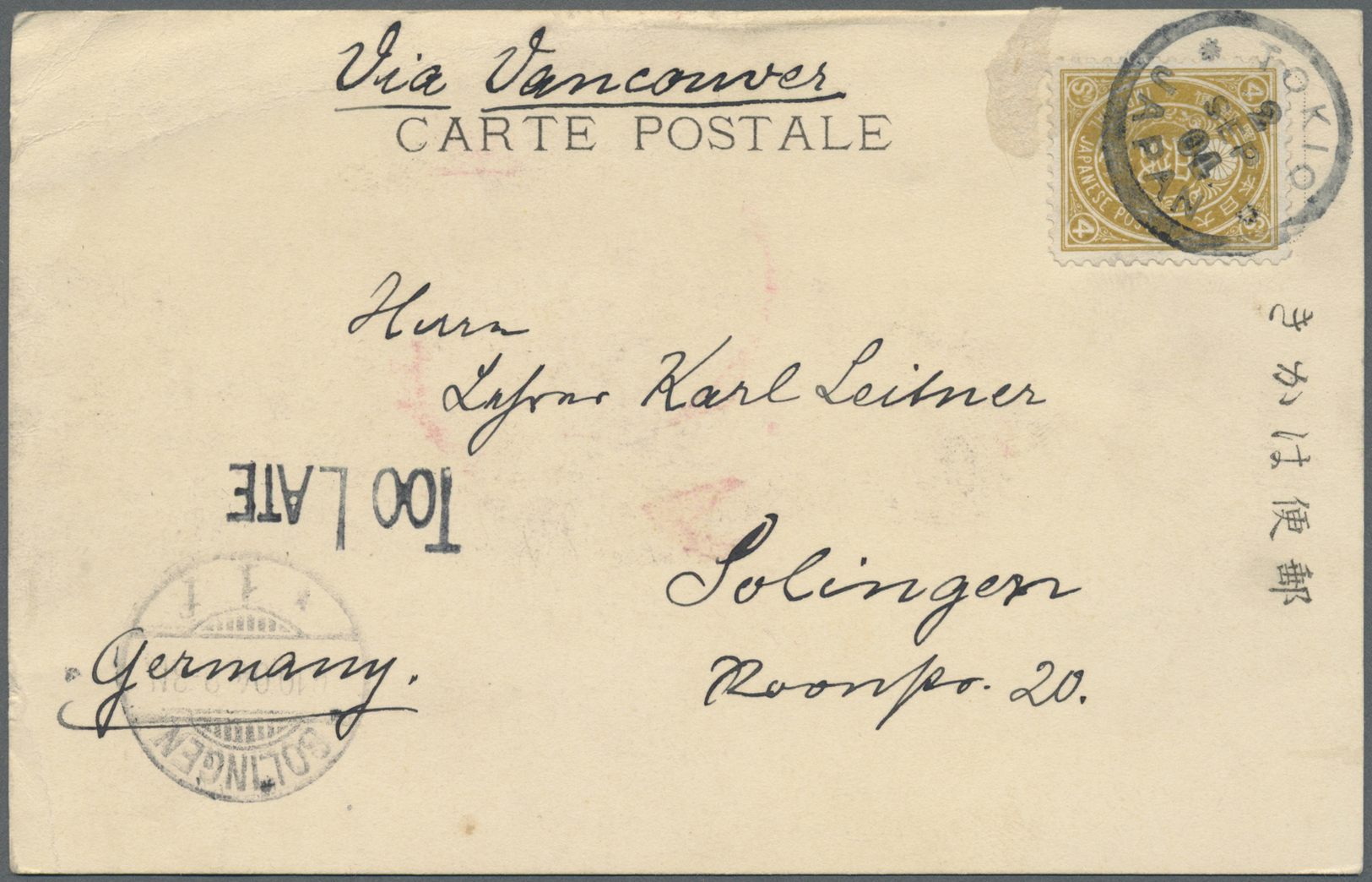 GA/Br Japan: 1888/1915, Ppc (2), Uprated Stationery (1), Cover (1) All To Germany. Inc. New Koban 4 S. Tied "TOKIO 2 SEP - Autres & Non Classés