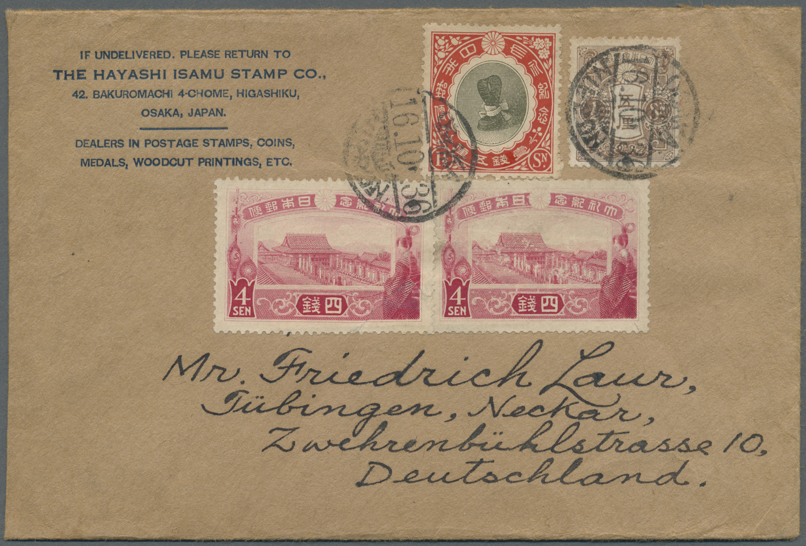 GA/Br Japan: 1888/1915, ppc (2), uprated stationery (1), cover (1) all to Germany. Inc. new koban 4 S. tied "TOKIO 2 SEP