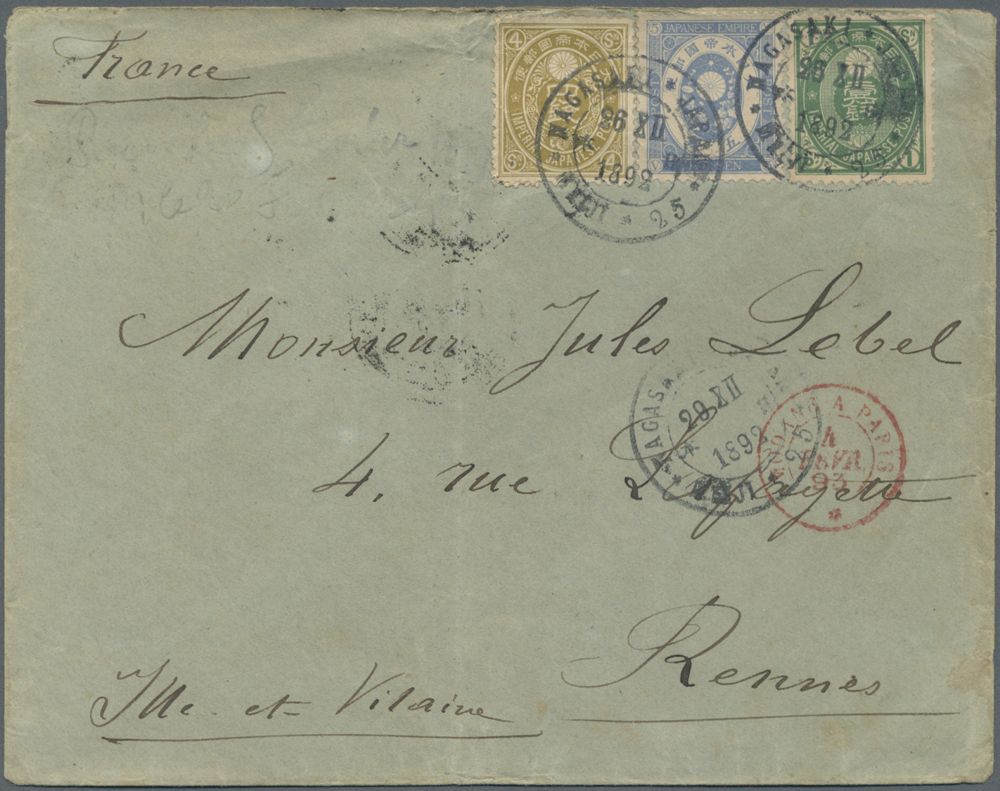 Br Japan: 1892. Envelope Addressed To France Bearing 'Koban 'SG 113, 1s Green, SG 115, 5s Blue And SG 118, 4s Bistre Tie - Autres & Non Classés