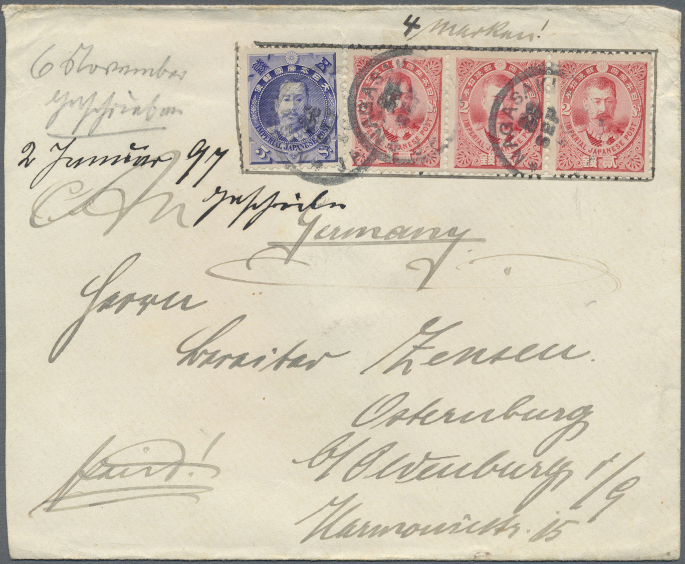 Br Japan: 1896, Princes 2 S. (strip-3) And 5 S. Tied "NAGASAKI 25 SEP 96" To Cover To Germany W. Arrival "OLDENBURG 5.11 - Autres & Non Classés