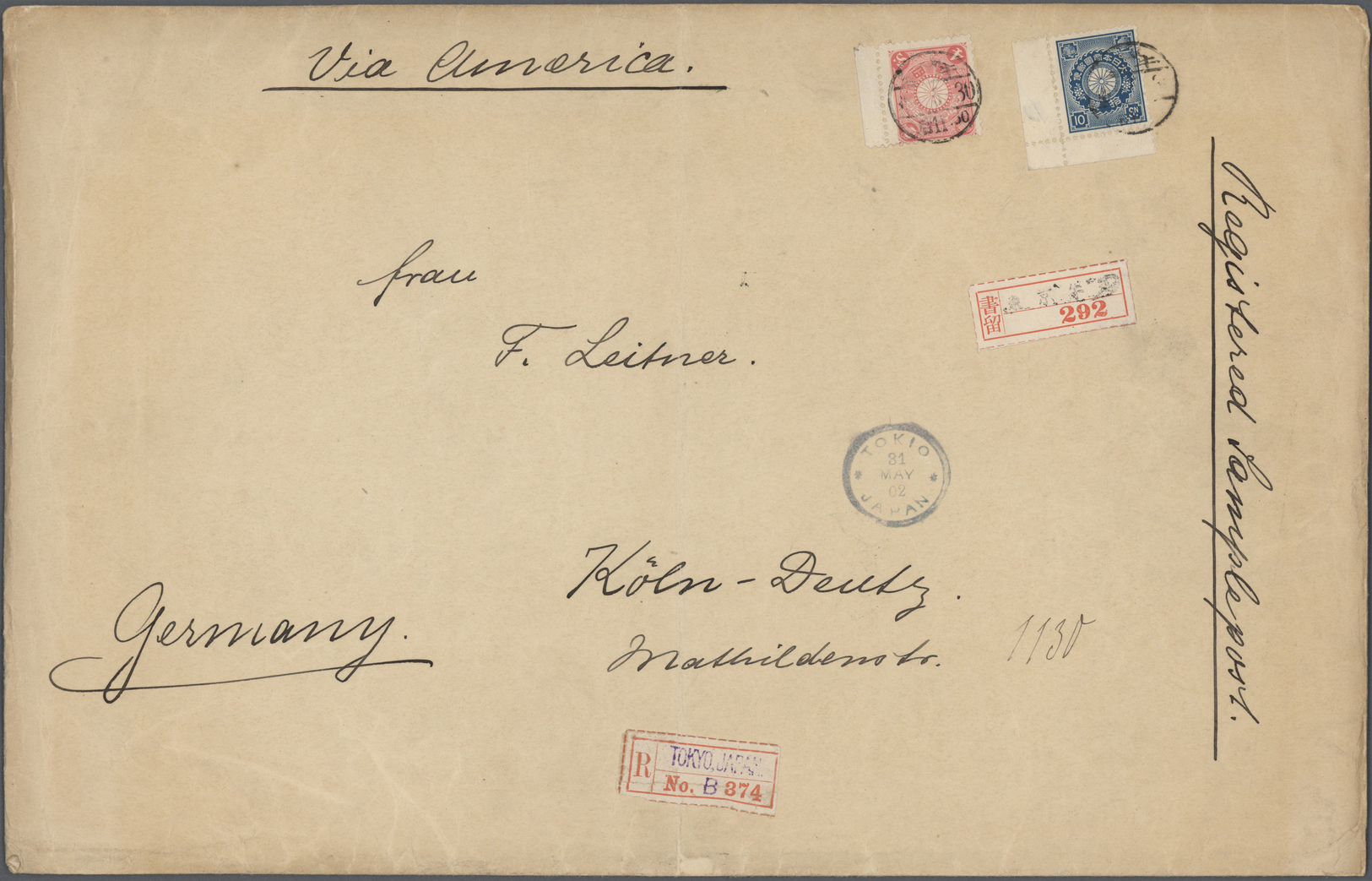 Br Japan: 1899, Kiku 4 S. And 10 S. Tied "Tokyo-Ushigome 35-5-30" Native Trisected Circle Via "TOKIO 31 MAY 02" To Regis - Other & Unclassified