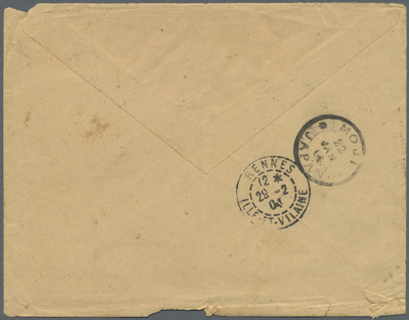 Br Japan: 1904. Envelope (faults) Addressed To France Bearing 'Koban' SG 118, 4s Bistre Mixed With 'Chrysanthemum' SG 13 - Other & Unclassified