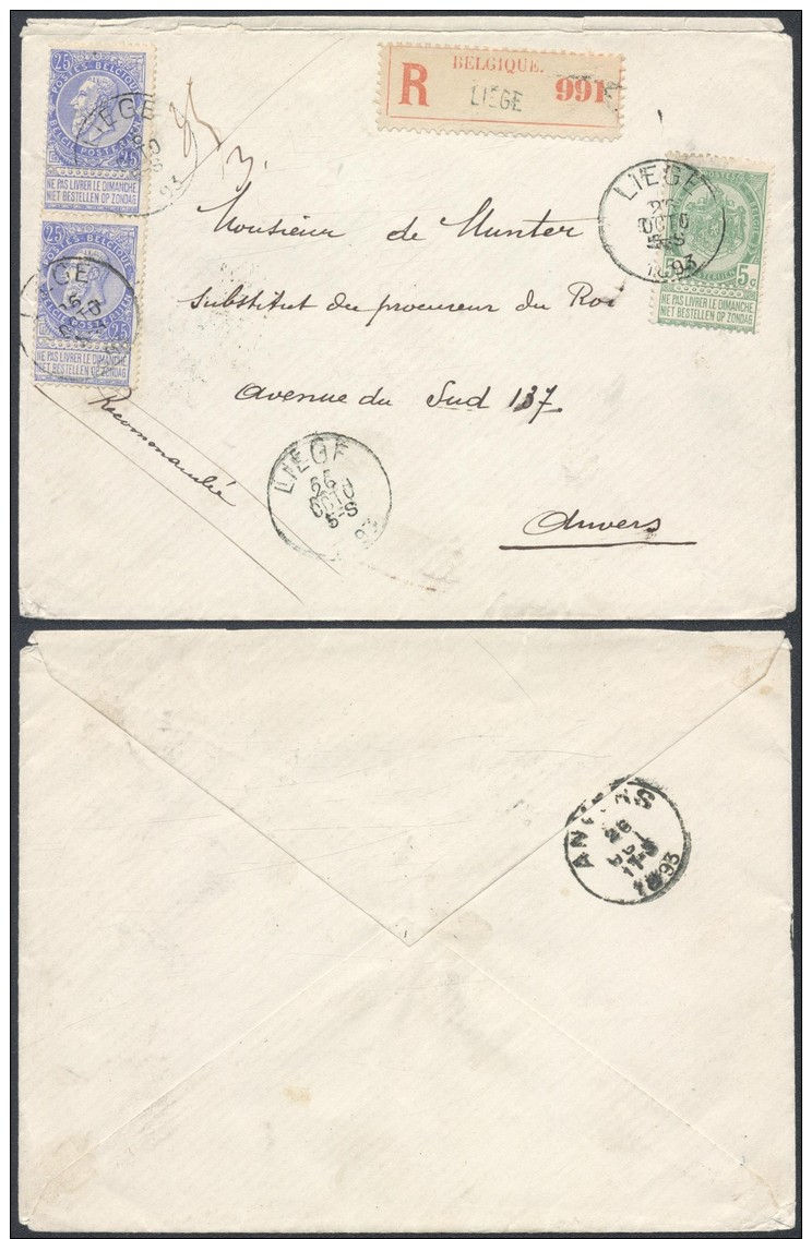 ZZ174 Lettre Recommandée De Liège à Anvers 1893 - 1893-1900 Fine Barbe