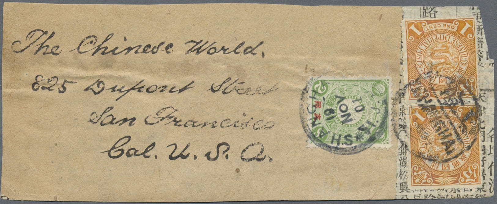 Br/ Japanische Post In China: 1901. News-Band Wrapper Front Addressed To 'The Chinese World, San Francisco' Bearing Chin - 1943-45 Shanghai & Nanjing