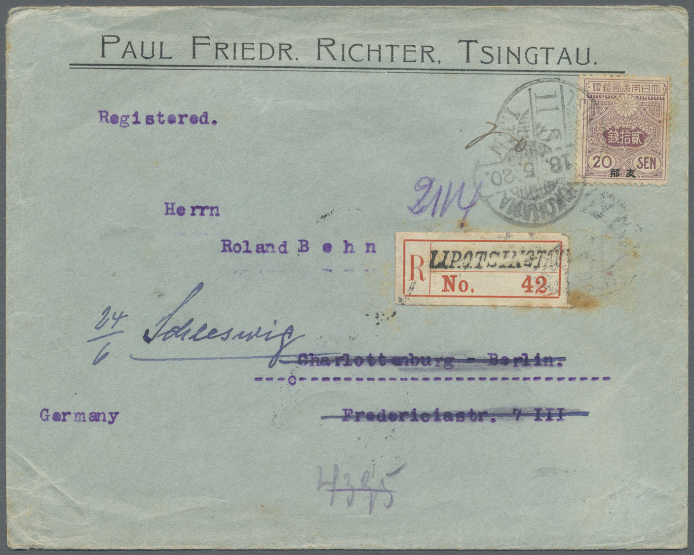 Br Japanische Post In China: 1914, 20 S. Tied "TSINGTAU11.5.20 I.J.P.O." To Registered Cover Via  Kobe, Yokohama And USA - 1943-45 Shanghai & Nankin