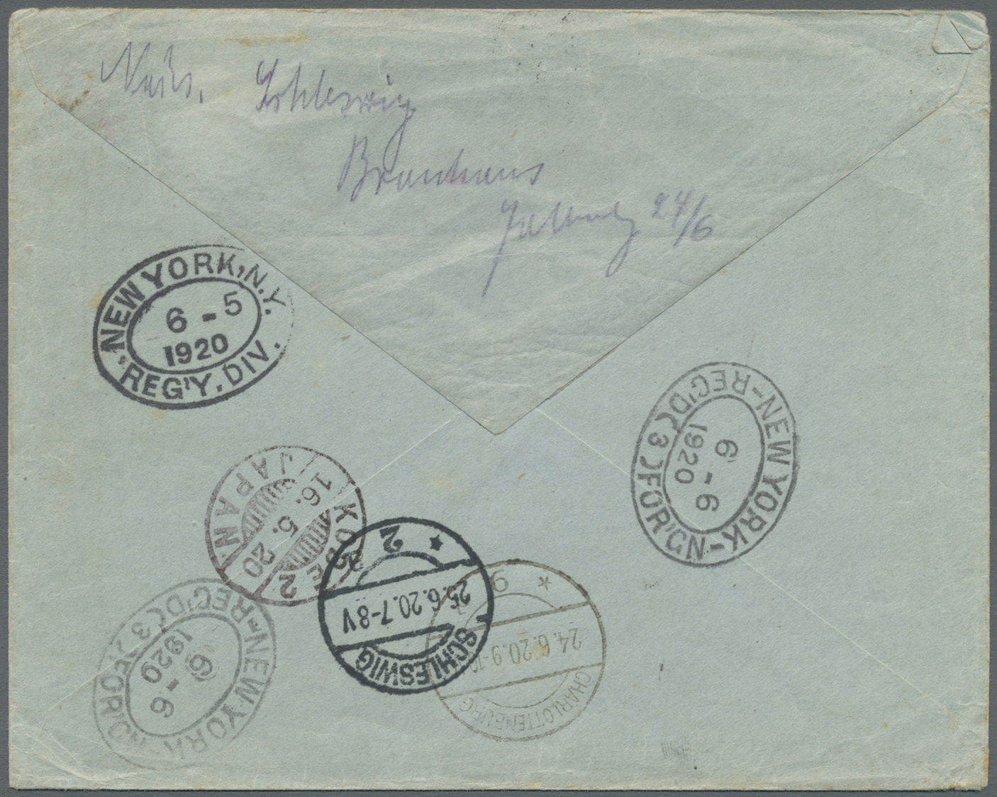 Br Japanische Post In China: 1914, 20 S. Tied "TSINGTAU11.5.20 I.J.P.O." To Registered Cover Via  Kobe, Yokohama And USA - 1943-45 Shanghai & Nankin