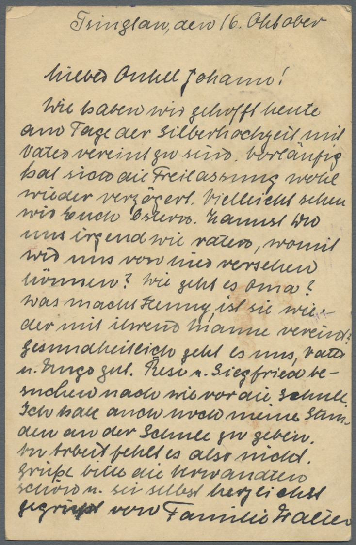 GA Japanische Post In China: 1916, UPU Card 4 Sen Canc. "TSINGTAU 16.10.19" Via Kobe2 To Leipzig/Germany, Vermillion Two - 1943-45 Shanghai & Nanjing