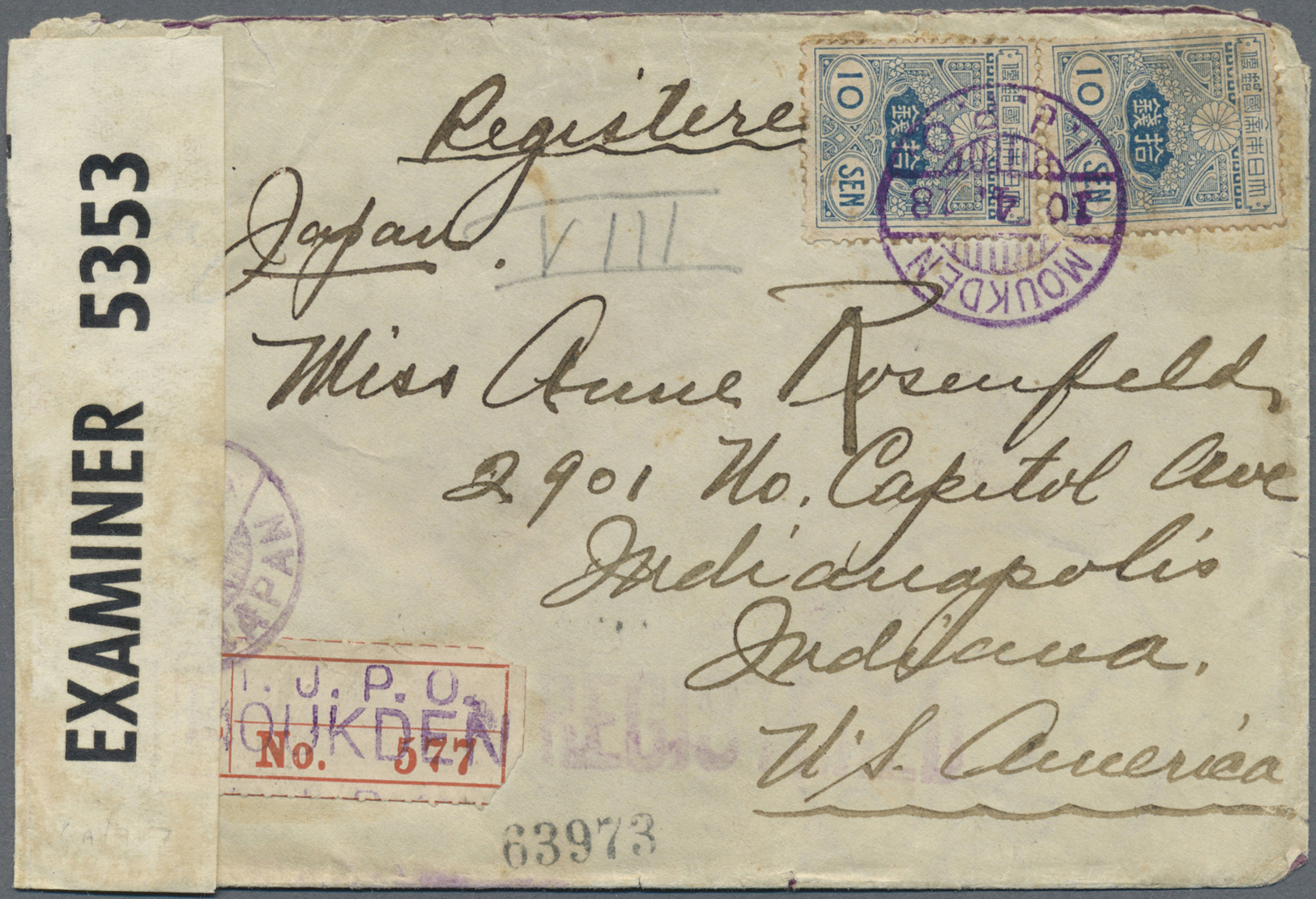 Br Japanische Post In China: 1918. Registered Envelope Addressed To The United States Bearing Japan SG 163, 10s Blue (pa - 1943-45 Shanghai & Nanjing