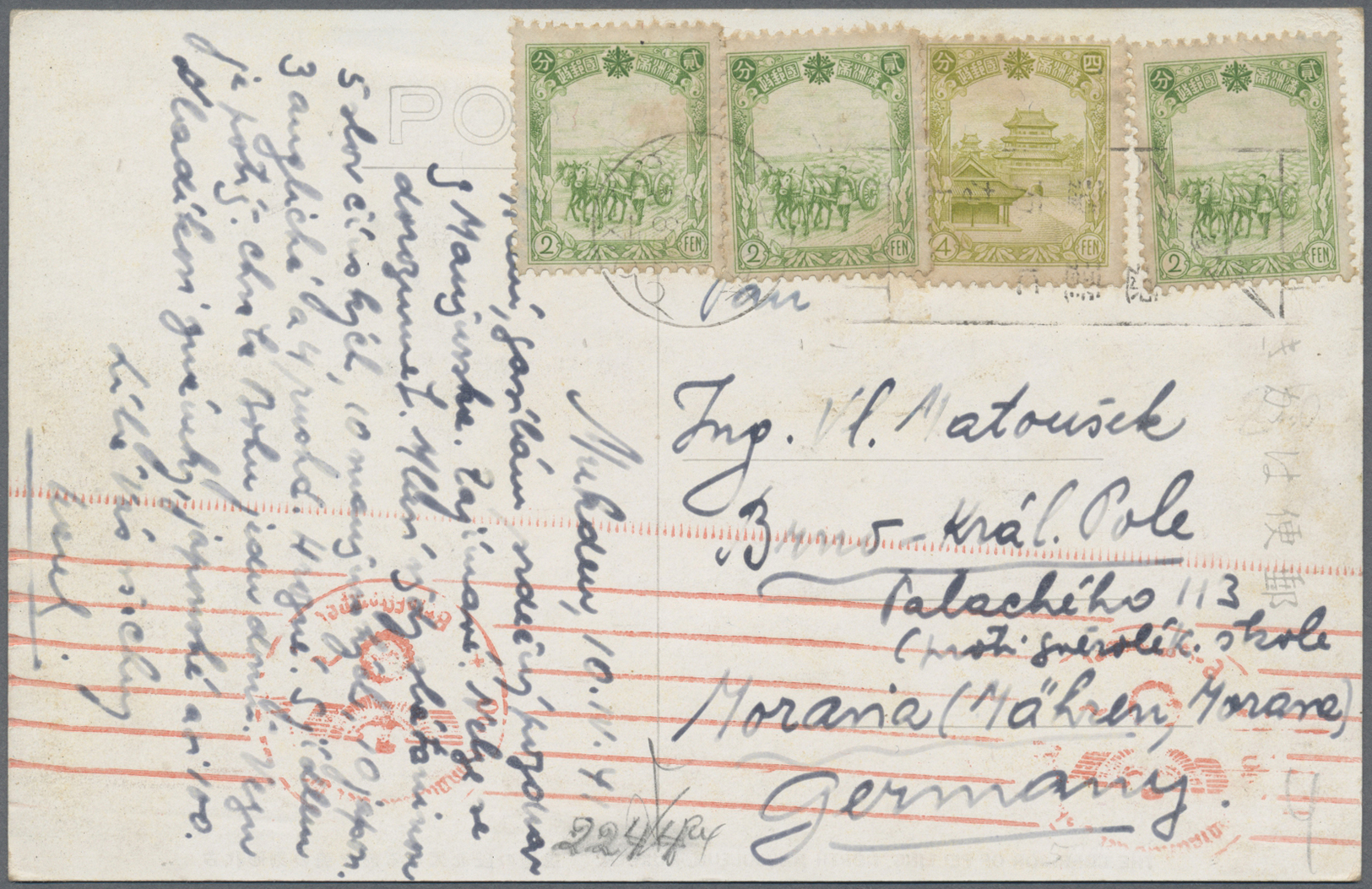 Japanische Post In China: 1922/1941, 4 Sen Red Horizontal Pair On Souvenier Postcard From Tientsin To Italy, Also MANDSC - 1943-45 Shanghai & Nankin