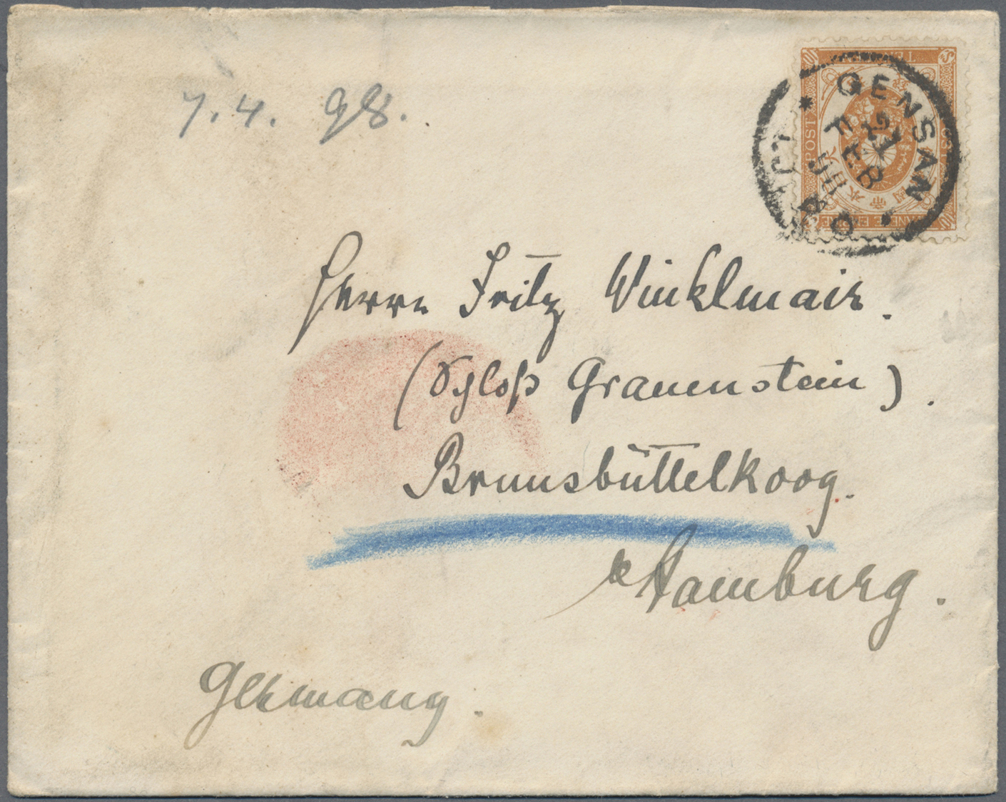 Br Japanische Post In Korea: 1888, Forerunner New Koban 10 S. Tied "GENSAN 21 FEB 98 I.J.P.O." To Small Cover To Germany - Franchise Militaire