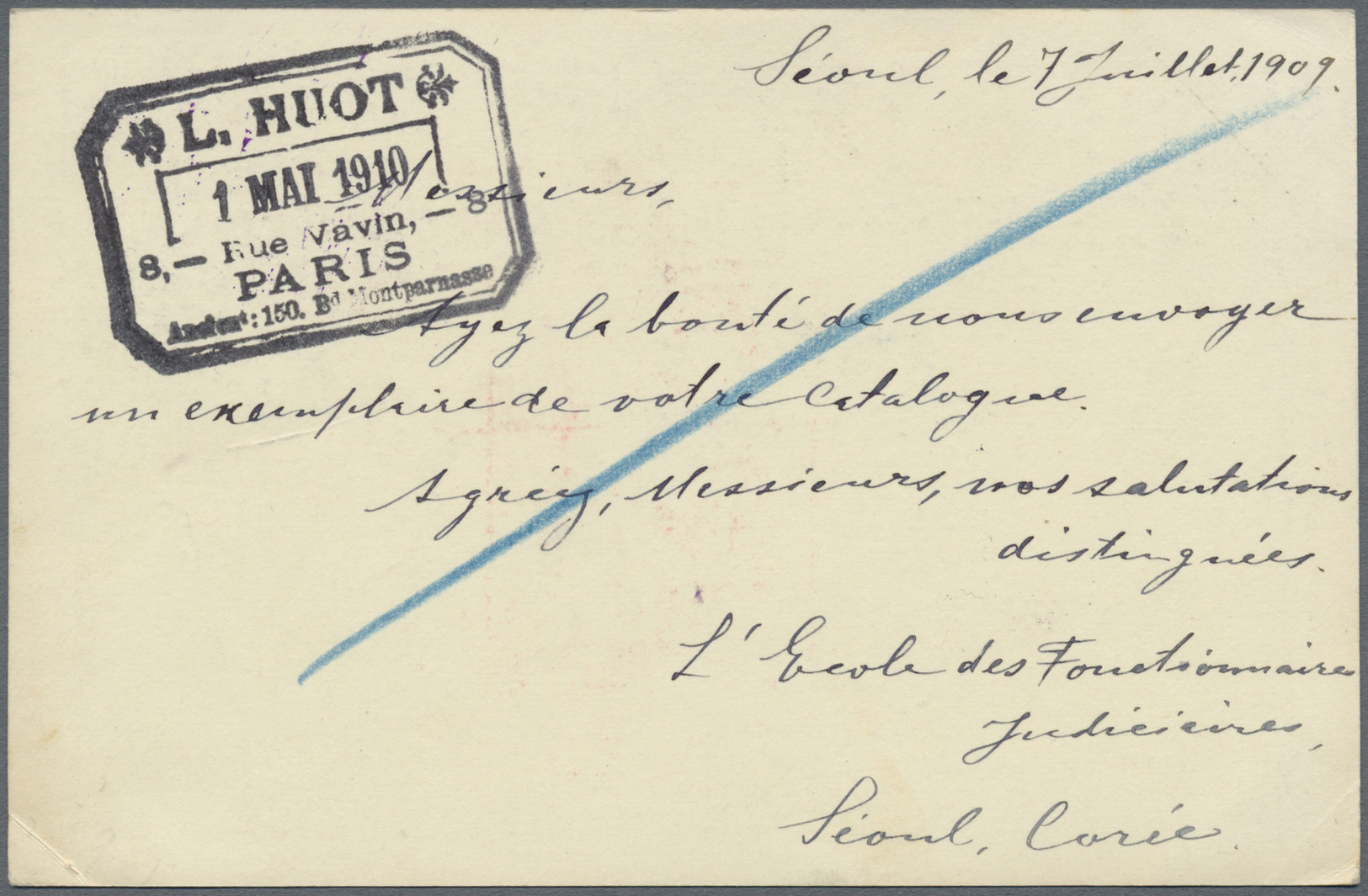 GA Japanische Post In Korea: 1898, UPU Card 4 S. Canc. Clear "SEOUL 9.7.09 COREA" Via "CHANGCHUN 13.7.09" To Paris/Franc - Franchise Militaire