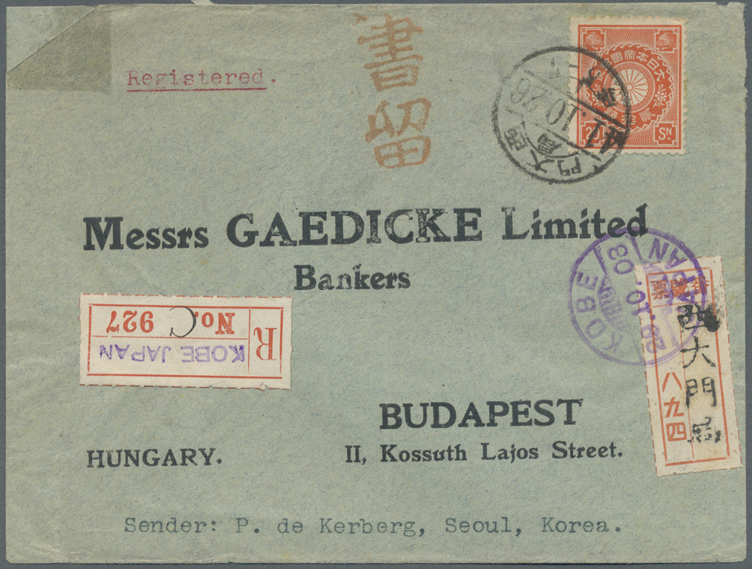 Br Japanische Post In Korea: 1903. Registered Envelope (small Faults/stains) Written From 'P. De Kerberg, Seoul, Korea' - Franchise Militaire