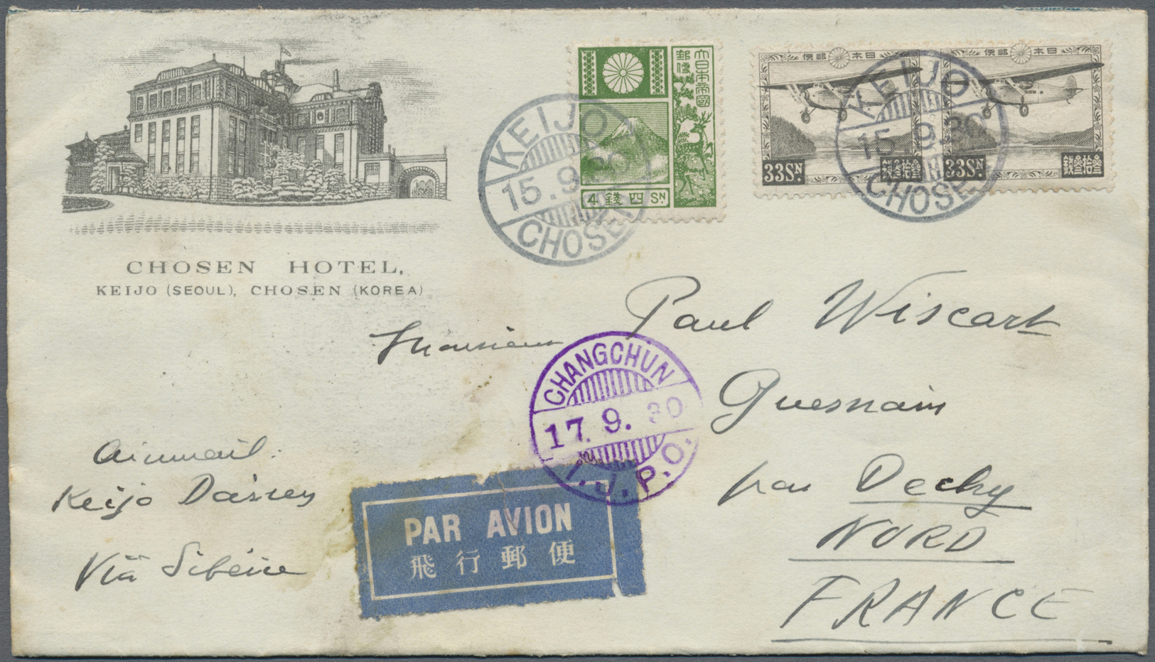 Br Japanische Post In Korea: 1930. Air Mail Envelope On Illustrated 'Chosen Hotel, Keijo' Envelope Addressed To France B - Military Service Stamps