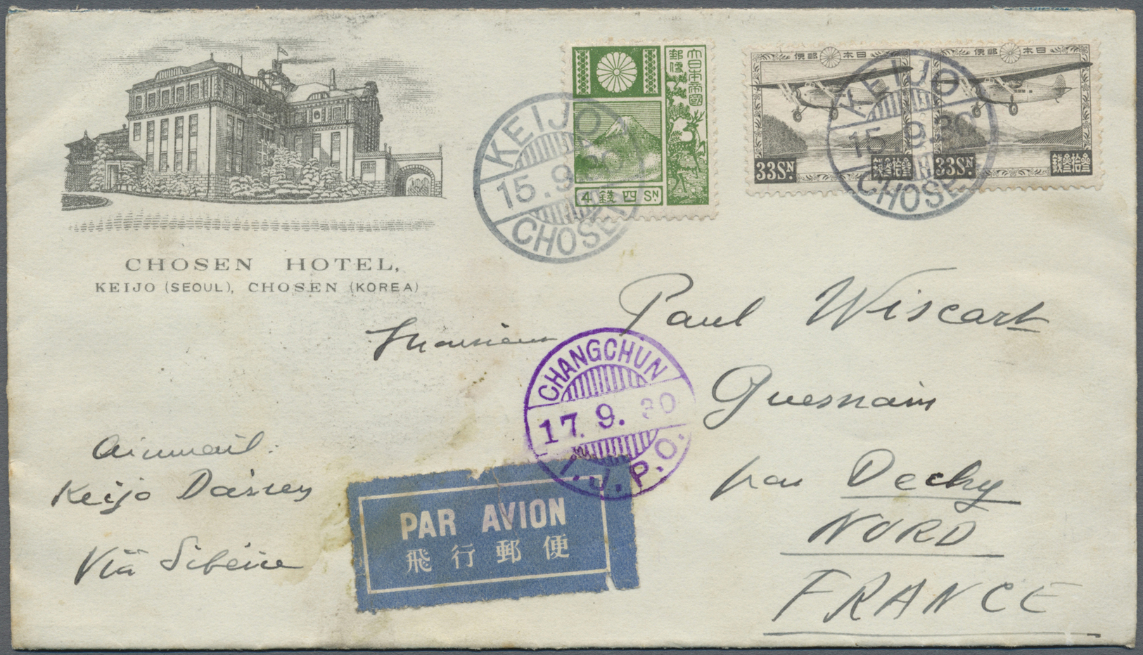 Br Japanische Post In Korea: 1930. Air Mail Envelope On Illustrated 'Chosen Hotel, Keijo' Envelope Addressed To France B - Franchise Militaire
