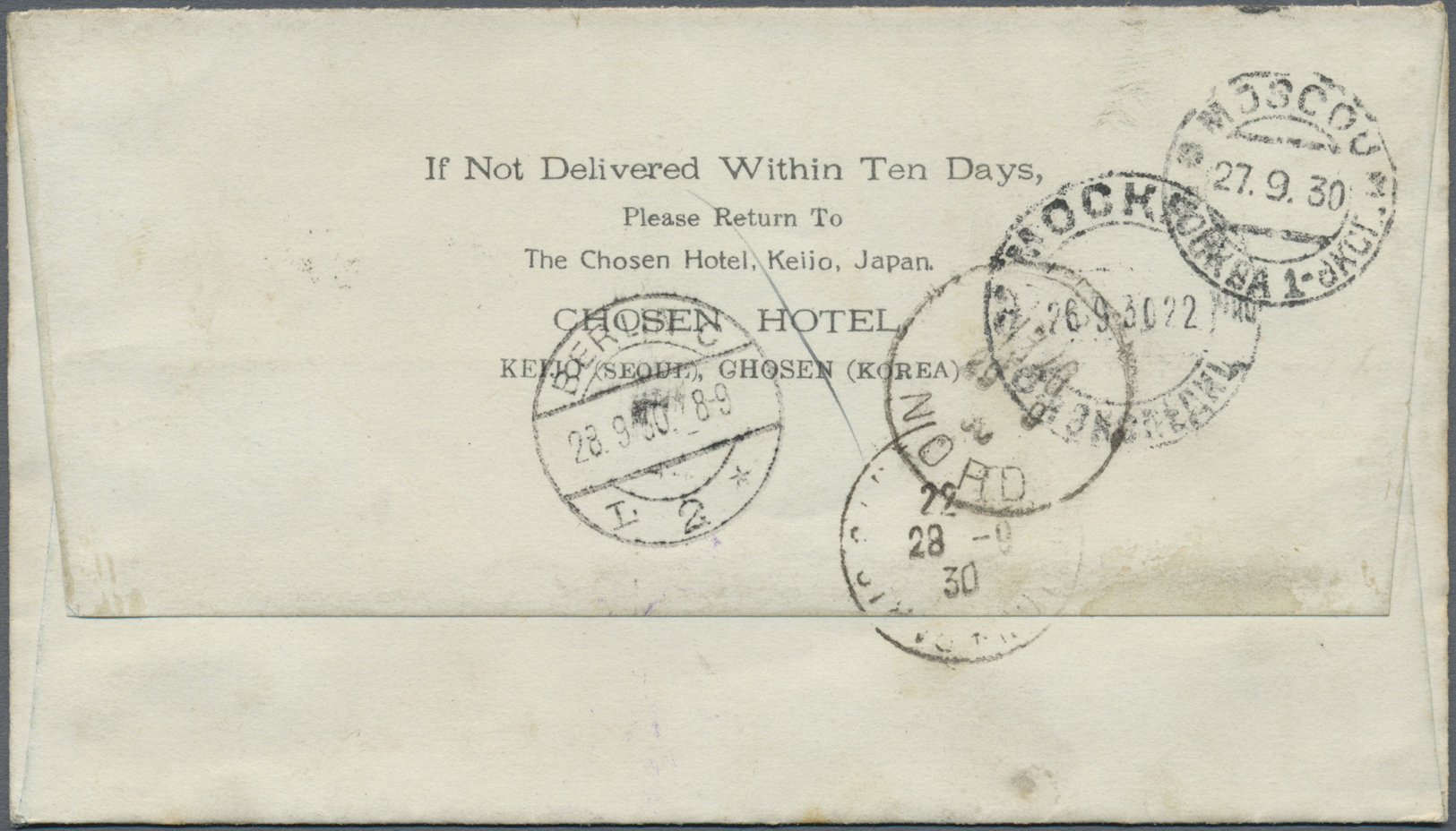 Br Japanische Post In Korea: 1930. Air Mail Envelope On Illustrated 'Chosen Hotel, Keijo' Envelope Addressed To France B - Military Service Stamps