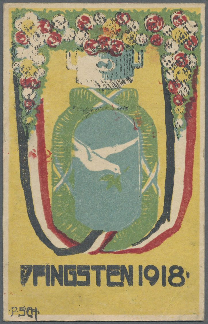 Lagerpost Tsingtau: Ninoshima, 1918, Camp Printed Ppc "Pentecost Day" (Pfingstgrüße) W. Red Oval Camp Seal, Oval "censor - China (offices)