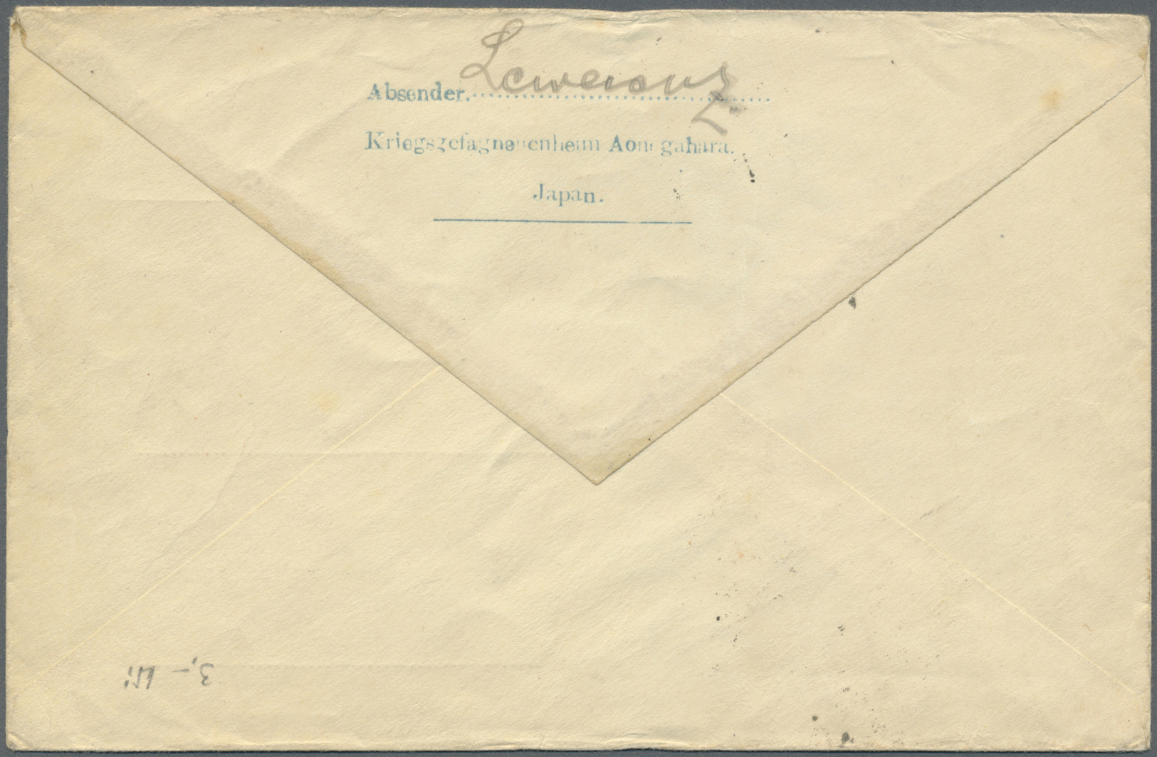 GA Lagerpost Tsingtau: Aonoghara, 1916, Camp Stationery Envelope In Blue With Bilingual Camp Seal Of Aonogahara And Two - Chine (bureaux)