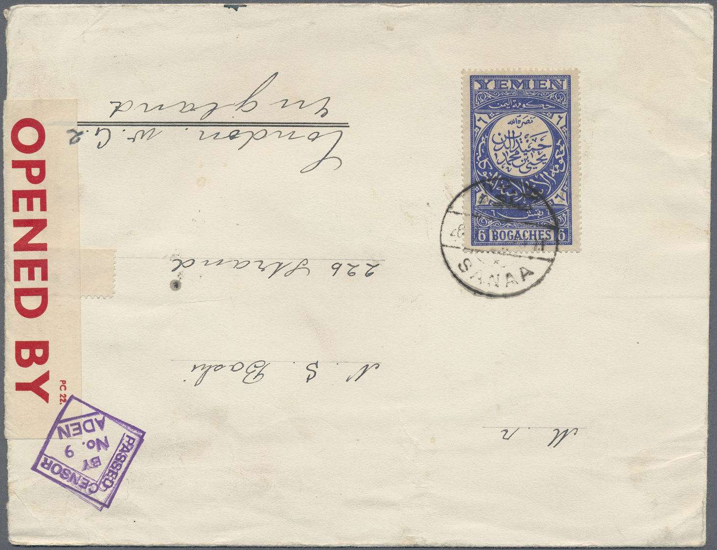 Br Jemen: 1942. Envelope Addressed To London Bearing Yemen Yvert 13, 6b Violet-blue Tied By Sanaa Date Stamp With 'Opene - Yemen