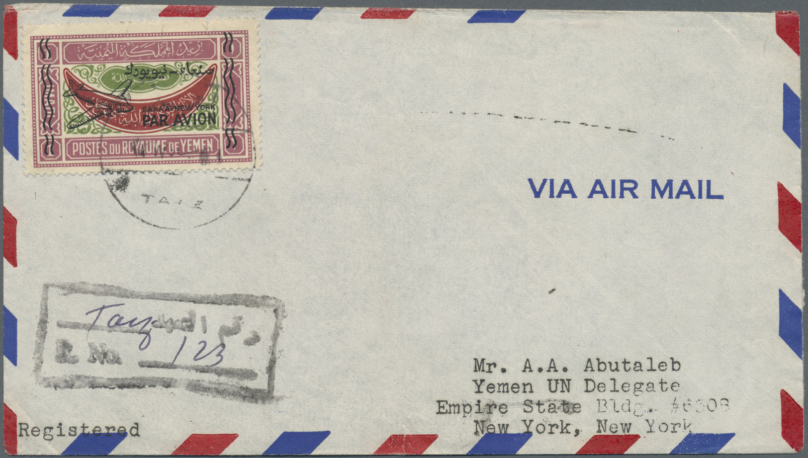 Br Jemen: 1947, Prince's Flight To United Nations, 1i. With Black Overprint On 1951 Registered Airmail Cover From "TAIZ" - Yemen