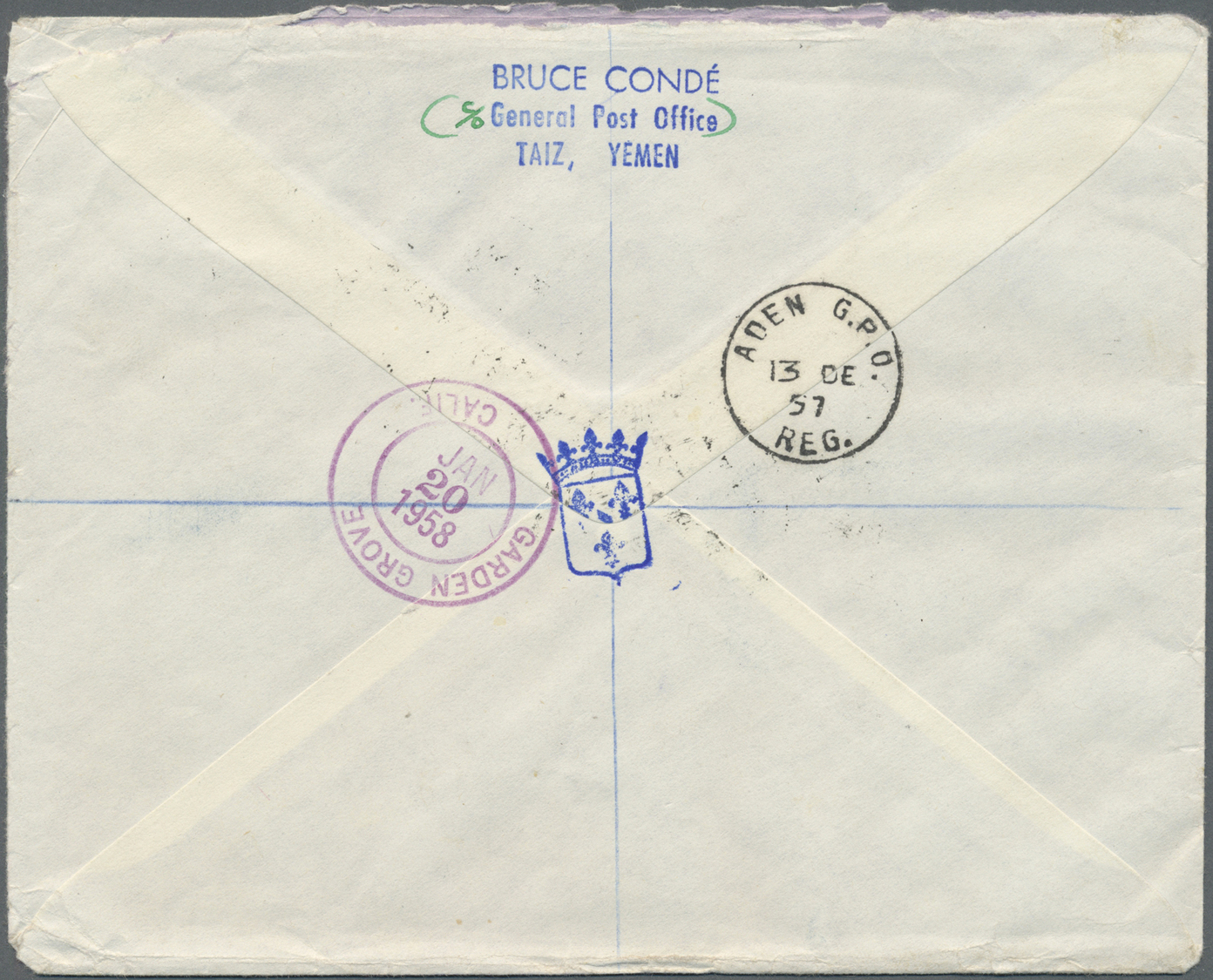 Br Jemen: 1957/1960, lot of four covers to USA resp. Aden, three registered mail, 4b. Arab Postal Union plate number, so