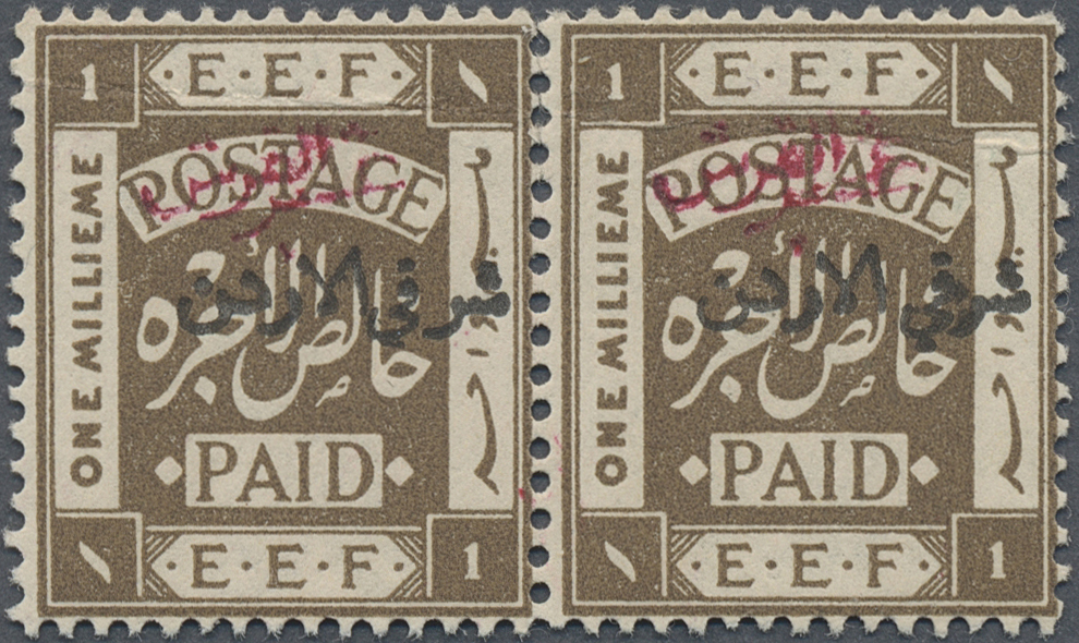 * Jordanien: 1922, 1/10 P. On 1 M. Sepia Pair With Red Handstamp And Normal Black Overprint, Mint Never Hinged, Tiny Hor - Jordan