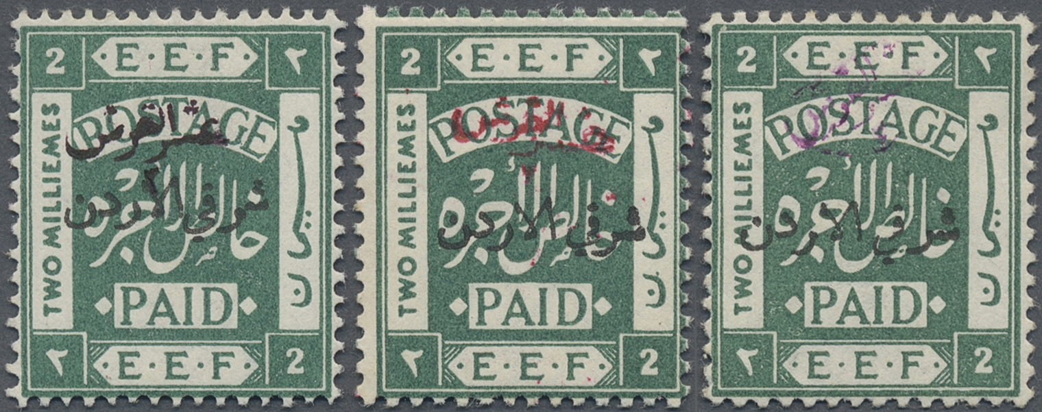 * Jordanien: 1922, 2/10 P. On 2 M. Green Three Stamps Showing Overprints In Black, Red And Violet, All Mint Hinged, Fine - Jordanie