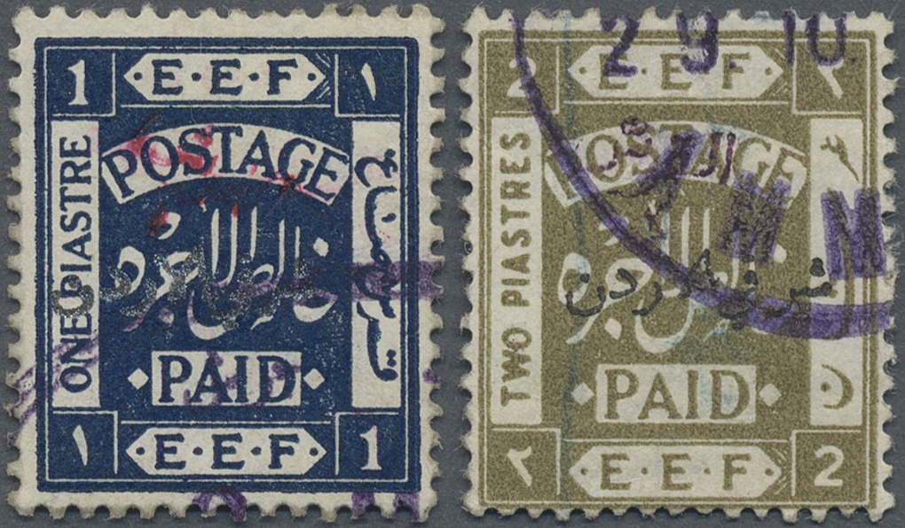 O Jordanien: 1922, 1 P. On 1 P. Deep Blue Red Overprint And 2 P. On 2 P. Greenolive Violet Overprint, Both Cancelled, Fi - Jordan