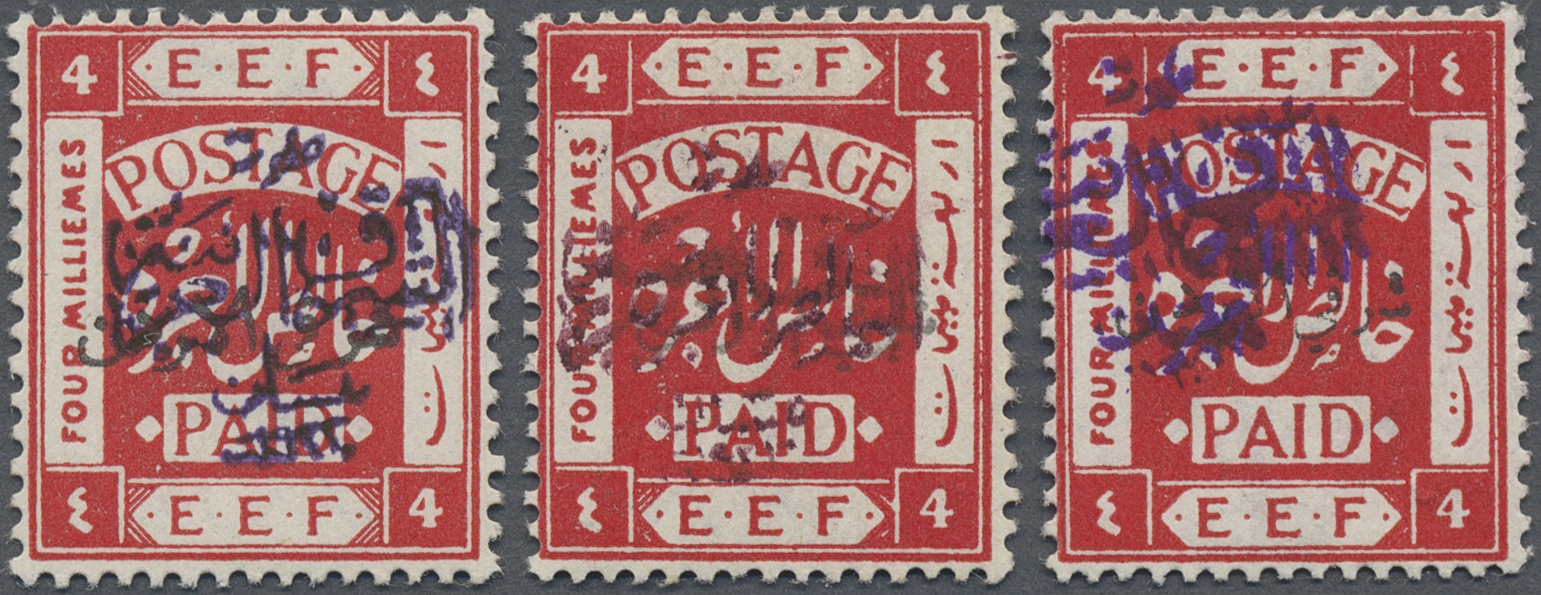 * Jordanien: 1922, 4 M. Red Three Stamps Showing Overprints In Black, Red And Violet, All Mint Hinged, Fine, Michel Cata - Jordan