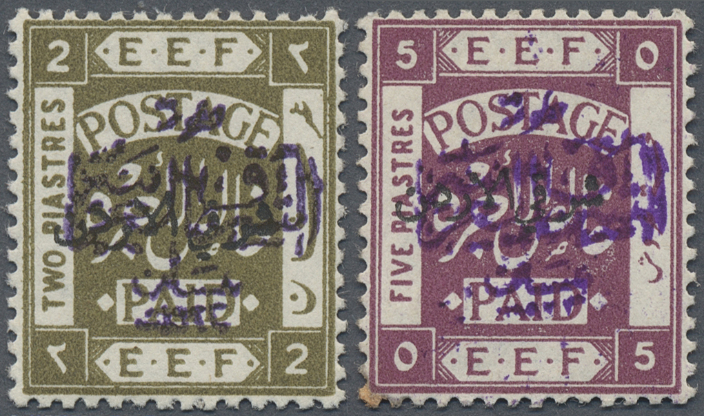 **/* Jordanien: 1922, 2 P. Olive And 5 P. Violet Two Stamps Both Perf.14 Showing Overprints In Violet, 5 P. Signed Ela, - Jordanie