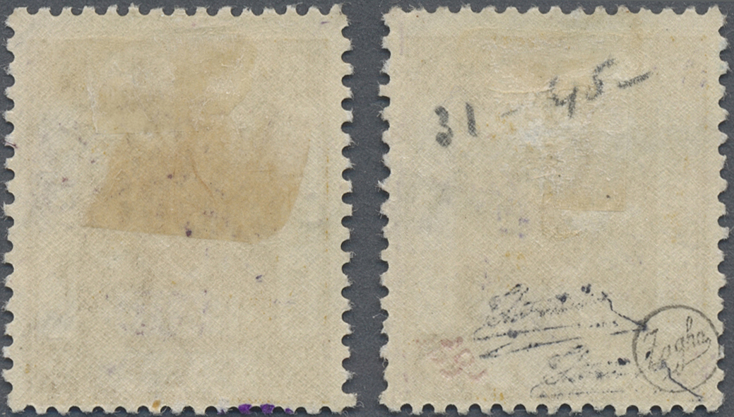 * Jordanien: 1922, 9 P. Olive Yellow Two Stamps Showing Overprints In Red And Violet, Both Mint Hinged, Fine, Michel Cat - Jordan